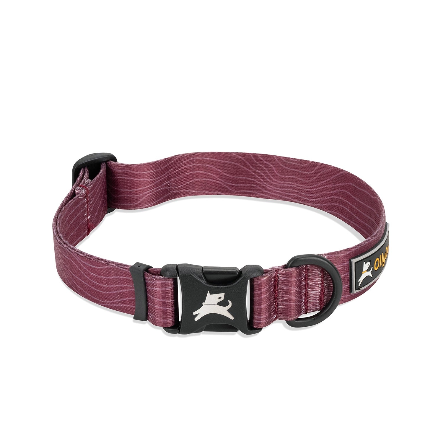 Side view of the OllyDog Flagstaff Dog Collar in Rosewood woodgrain, showing black buckle, aluminum D-ring, reflective strip, and sublimation polyester webbing #color_rosewood woodgrain