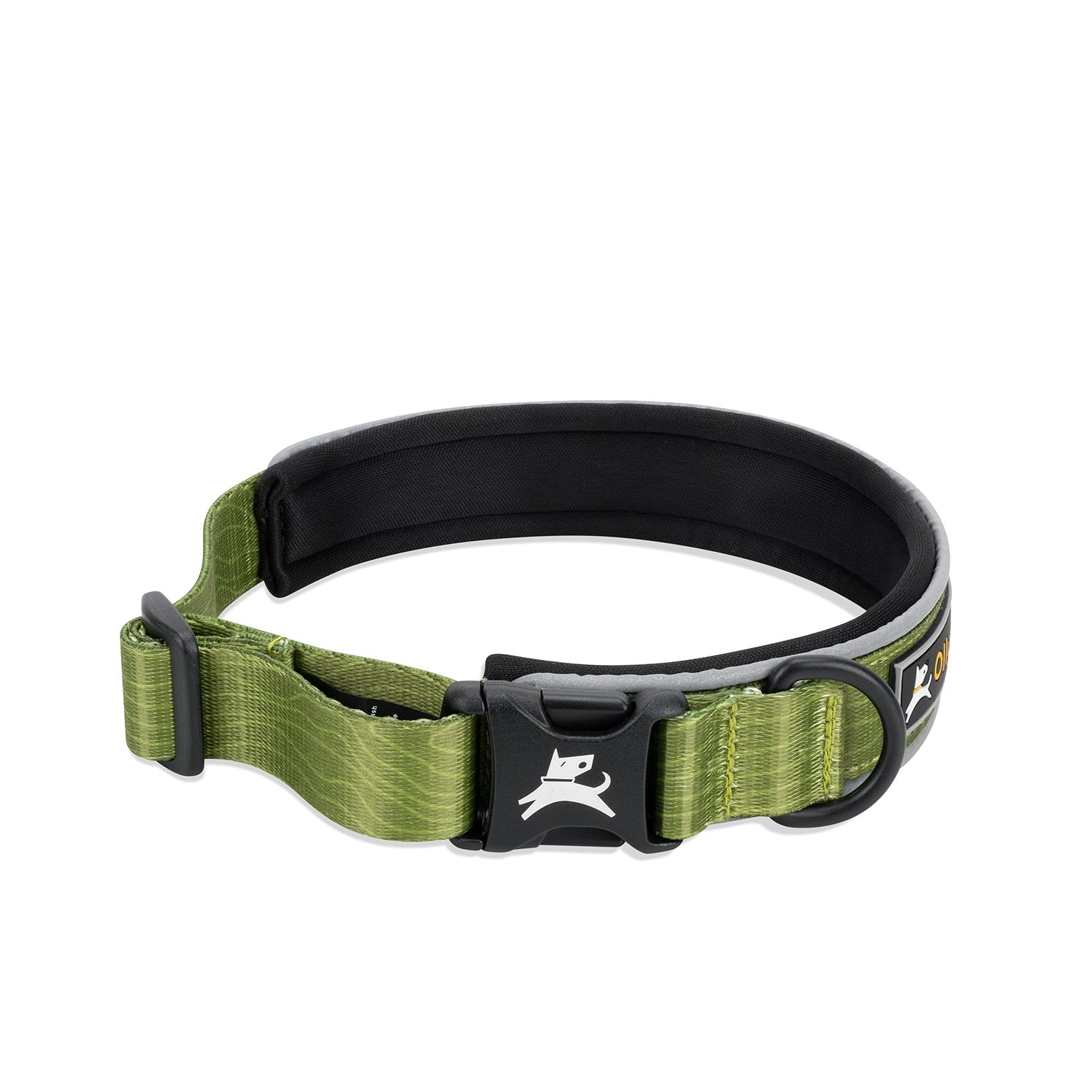 OllyDog Flagstaff Reflective Comfort Dog Collar in Cactus green, featuring padded neoprene lining, sublimation polyester webbing, reflective piping, quick-release plastic buckle, adjustable strap, and aluminum D-ring attachment point for leash #color_cactus woodgrain