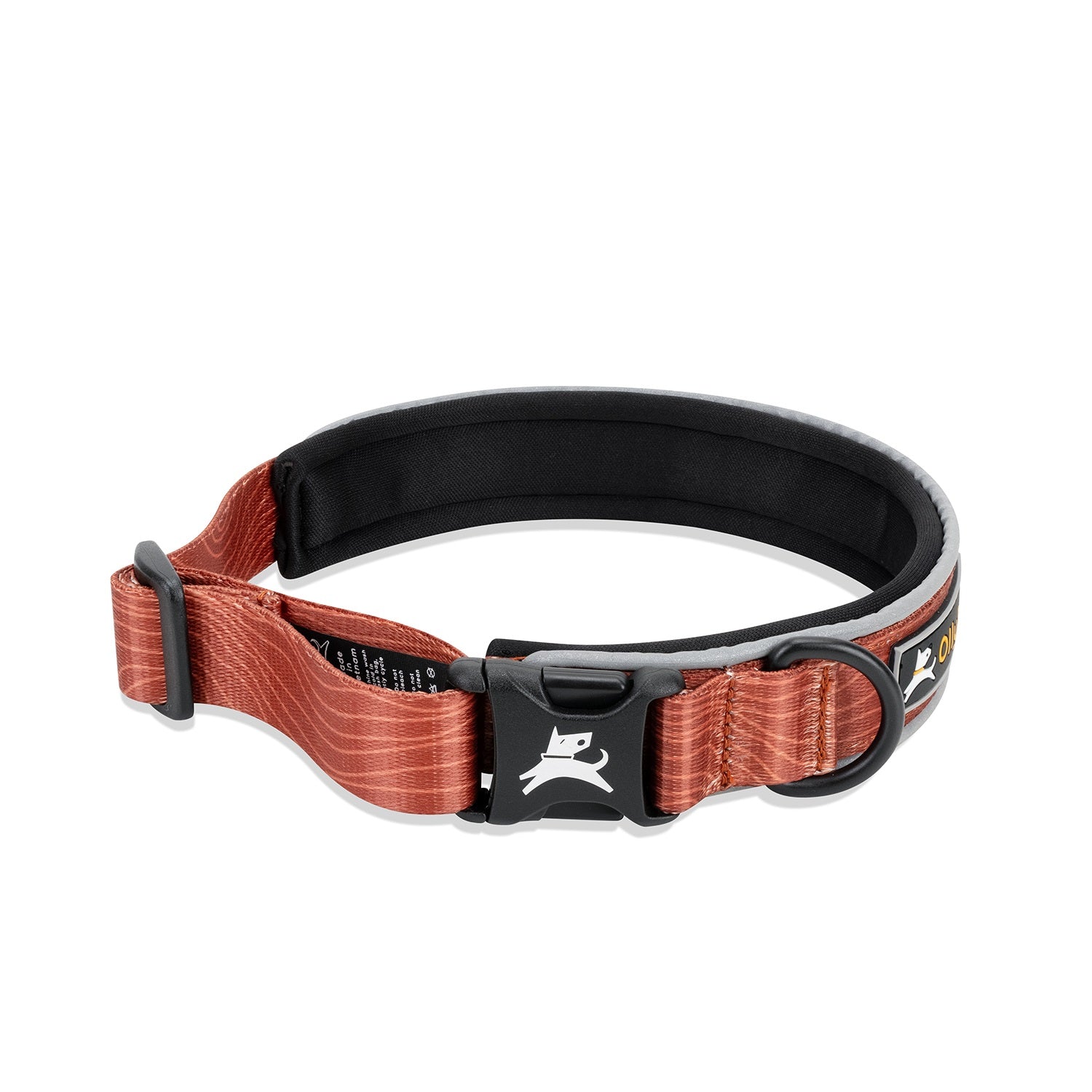 OllyDog Flagstaff Reflective Comfort Collar in clay color, durable sublimation polyester webbing, padded neoprene lining, plastic buckle, aluminum D-ring attachment, adjustable fit #color_clay woodgrain
