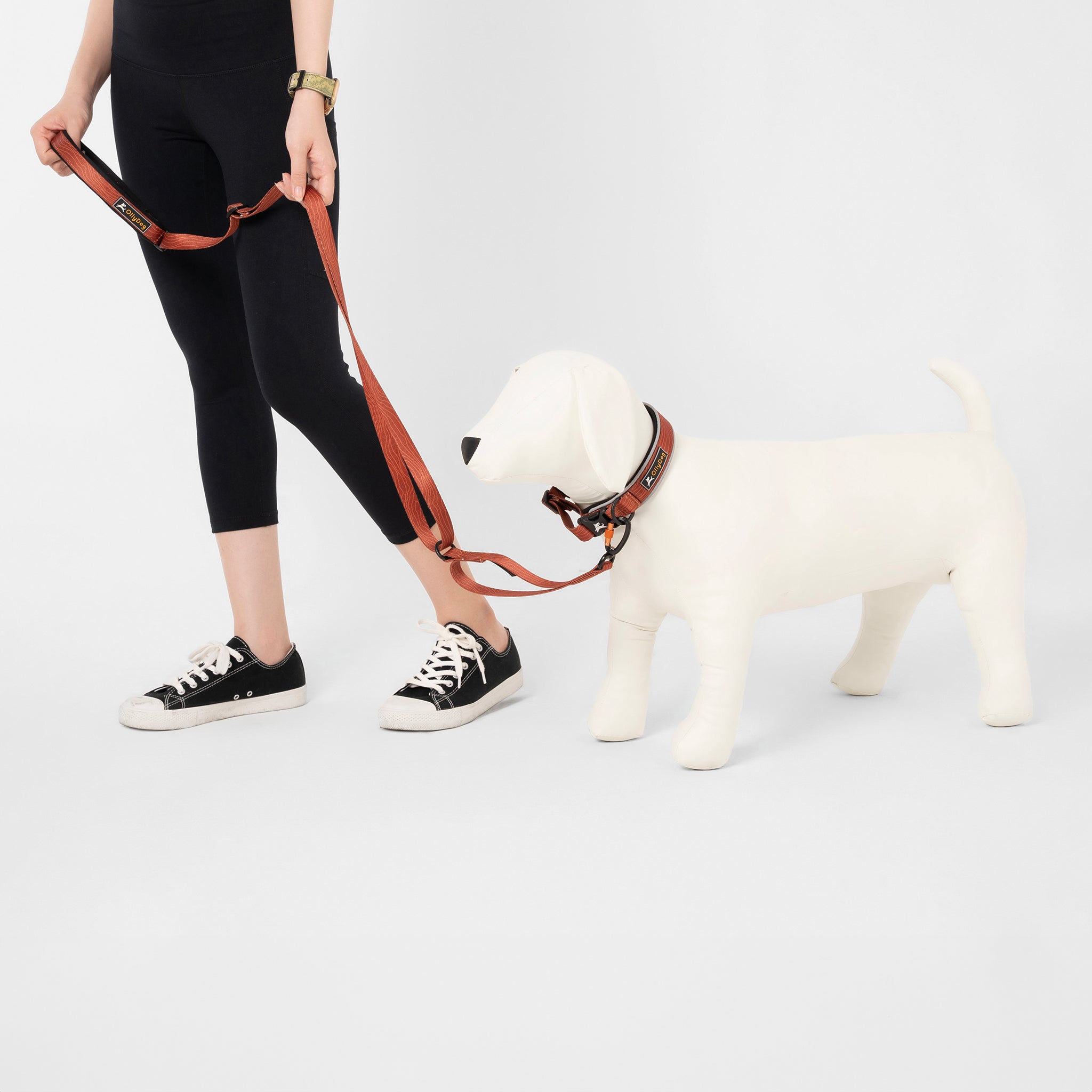 Person holding OllyDog Flagstaff reflective leash and padded collar in clay color, shown on a white dog mannequin. Adjustable fit, sturdy polyester webbing, padded neoprene lining, durable hardware #color_clay woodgrain