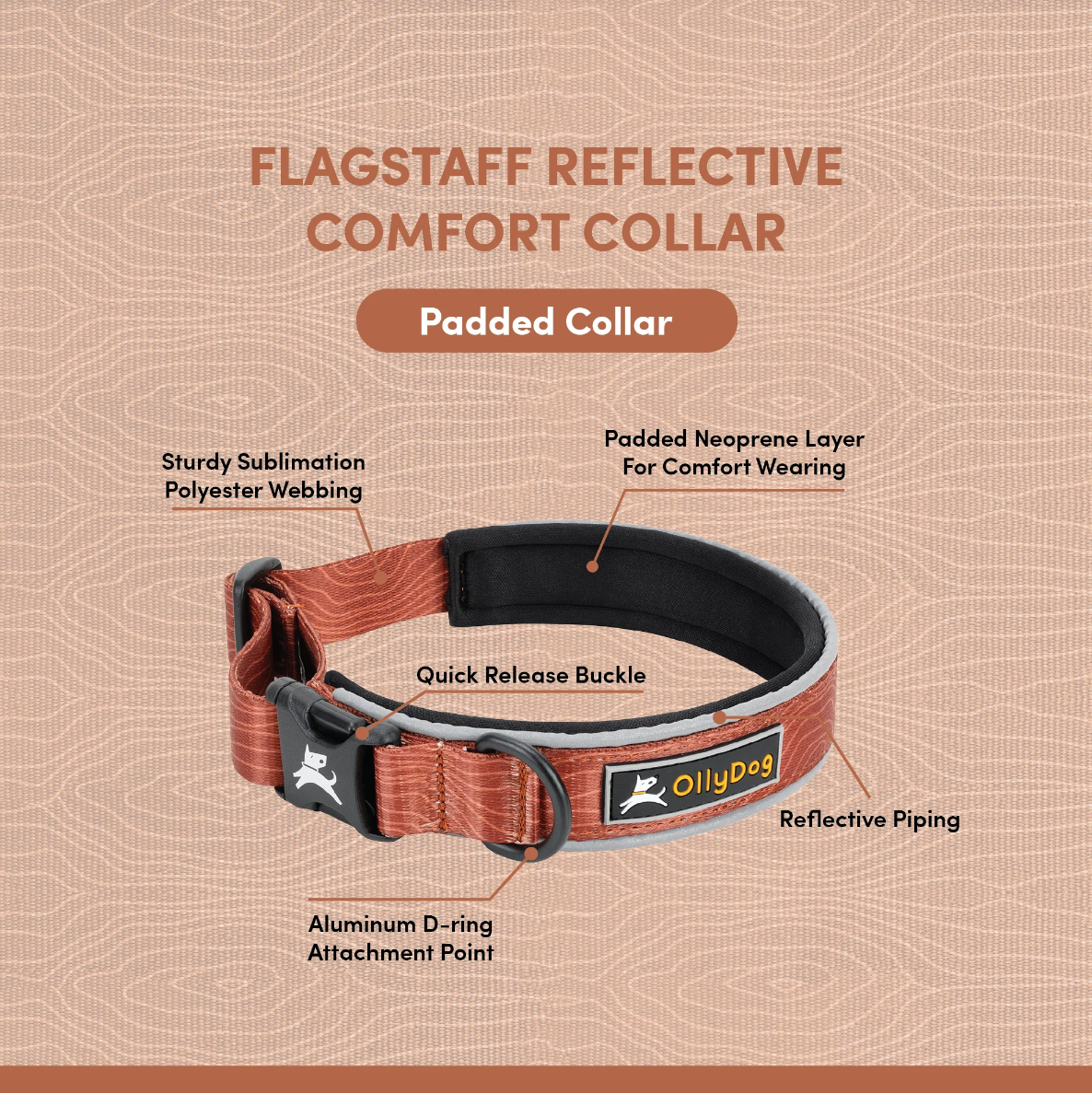 OllyDog Flagstaff Reflective Comfort Dog Collar in clay woodgrain color, padded neoprene layer for comfort, durable sublimation polyester webbing, quick-release buckle, aluminum D-ring, reflective piping for nighttime safety, available in small, medium, and large sizes for breeds like Shiba Inu, Border Collie, and Retriever #color_clay woodgrain