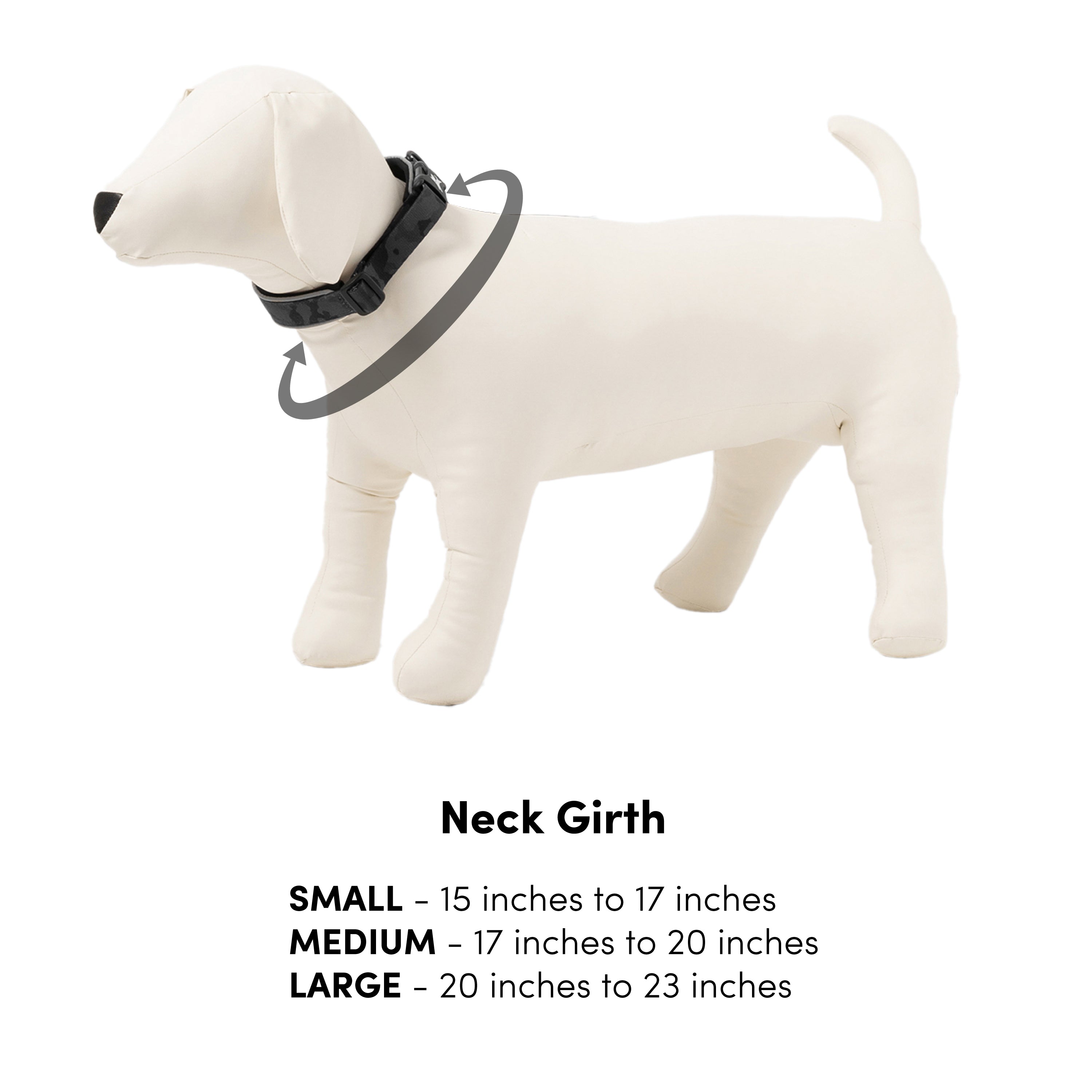 Dog mannequin wearing OllyDog Flagstaff Reflective Comfort Collar in black, showing neck girth measurement guide for small (15–17 inches), medium (17–20 inches), and large (20–23 inches) sizes, ideal for breeds like Shiba Inu, Border Collie, and Retriever #color_clay woodgrain