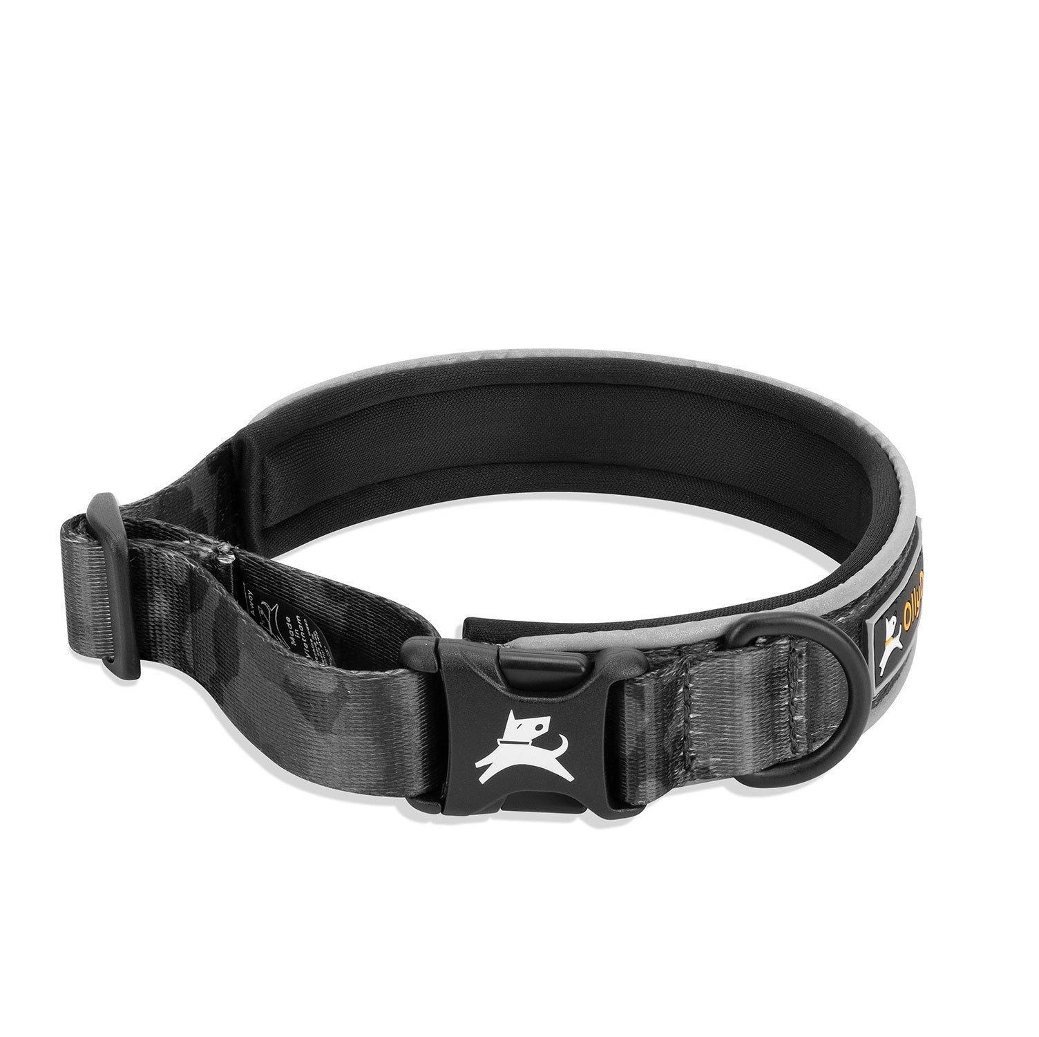 OllyDog Flagstaff Reflective Comfort Collar in dream camo color, close-up of padded neoprene lining, sublimation polyester webbing, aluminum D-ring attachment, quick-release buckle, and reflective piping for added visibility and safety #color_dream camo