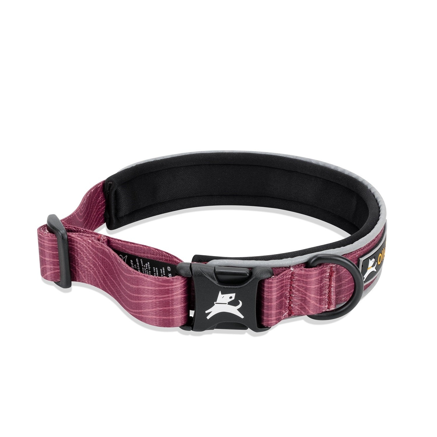 OllyDog Flagstaff Reflective Comfort Dog Collar in Rosewood, padded neoprene dog collar with adjustable fit, durable sublimation polyester webbing, side-release plastic buckle, aluminum D-ring leash attachment, reflective piping for safety, eco-friendly and lightweight design for medium and large dogs, pet walking gear #color_rosewood woodgrain