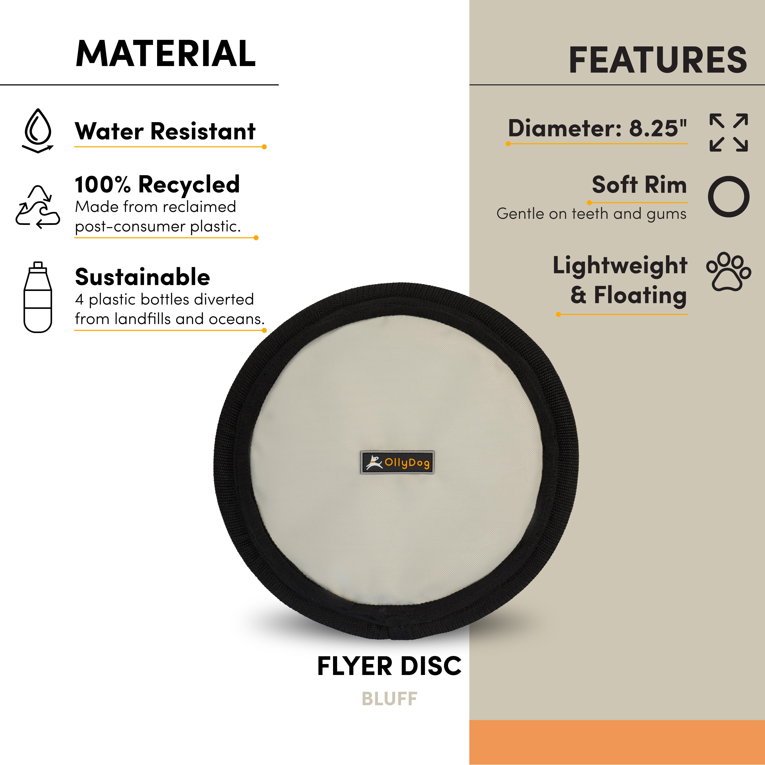 An image highlighting the features of the Flyer Disc, including its water-resistant material, 100% recycled construction from four repurposed plastic bottles, and an 8.25” diameter. This lightweight dog fetch toy has a soft rim that is gentle on teeth and gums, making it an ideal floating water toy for dogs. #color_bluff