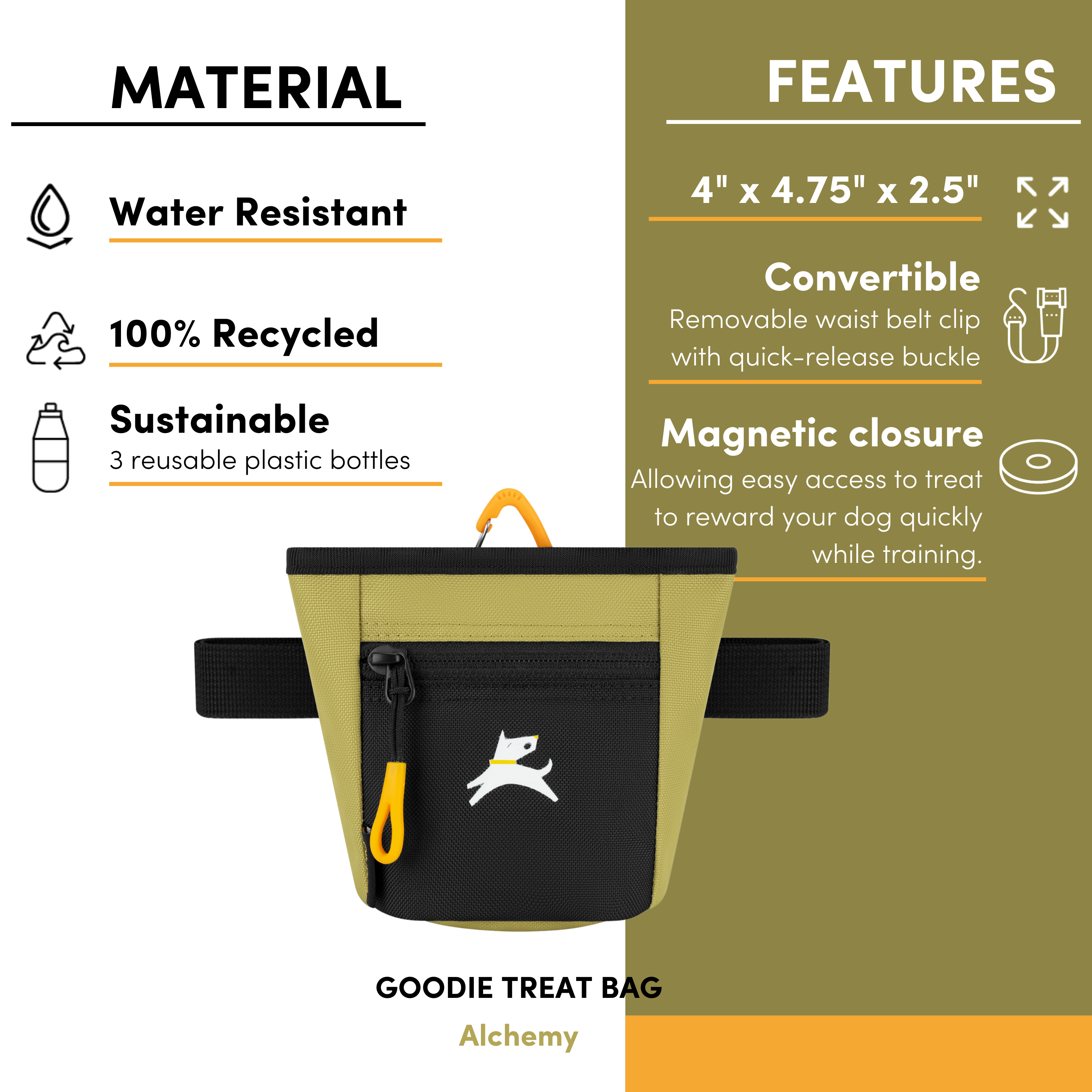 Infographic of OllyDog Goodie Treat Bag in Alchemy color highlighting water-resistant recycled material, magnetic closure, convertible waist belt, and product dimensions 4" x 4.75" x 2.5" #color_alchemy