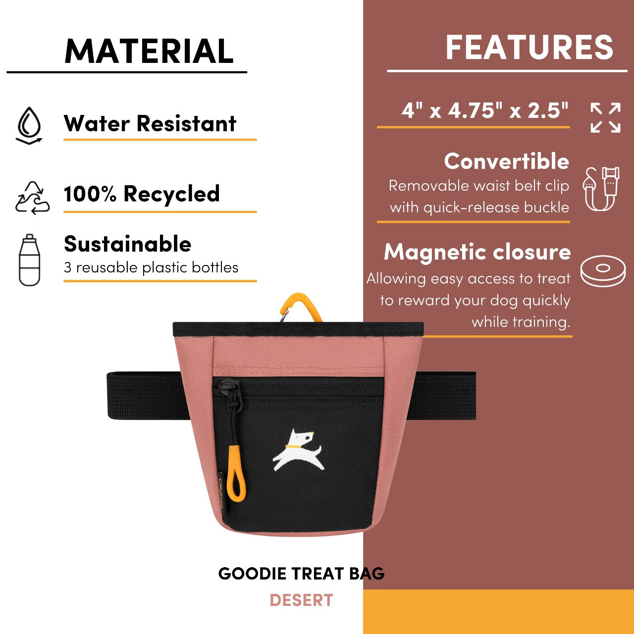 Feature infographic of OllyDog Goodie Treat Bag in Desert color highlighting water-resistant recycled fabric, magnetic closure, convertible waist belt, and product dimensions 4" x 4.75" x 2.5" #color_desert