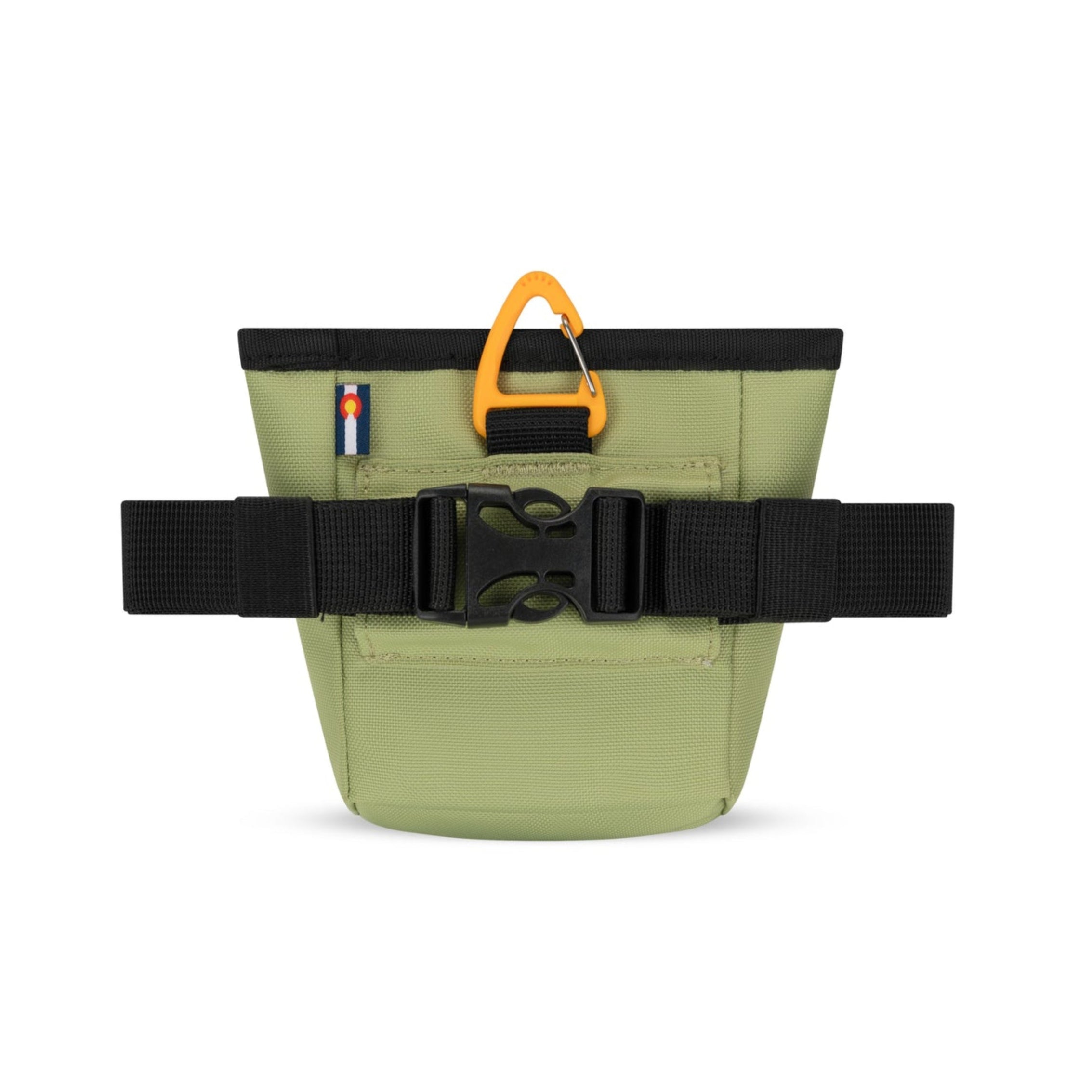 Back view of OllyDog Goodie Treat Bag in Palm color showing adjustable black waist belt, quick-release buckle, and yellow carabiner clip #color_palm