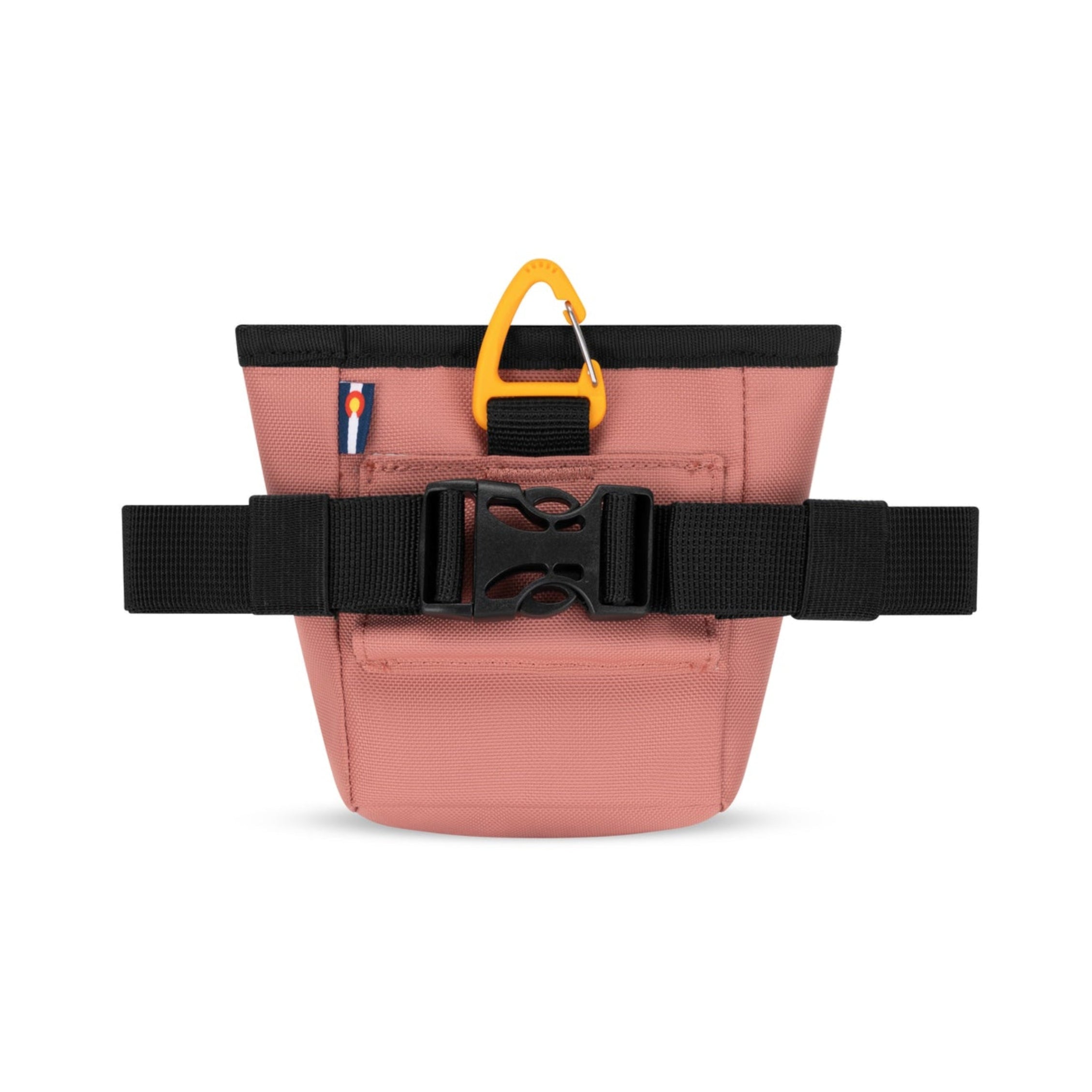 Back view of OllyDog Goodie Treat Bag in Desert color featuring black adjustable waist strap, quick-release buckle, and yellow carabiner clip #color_desert
