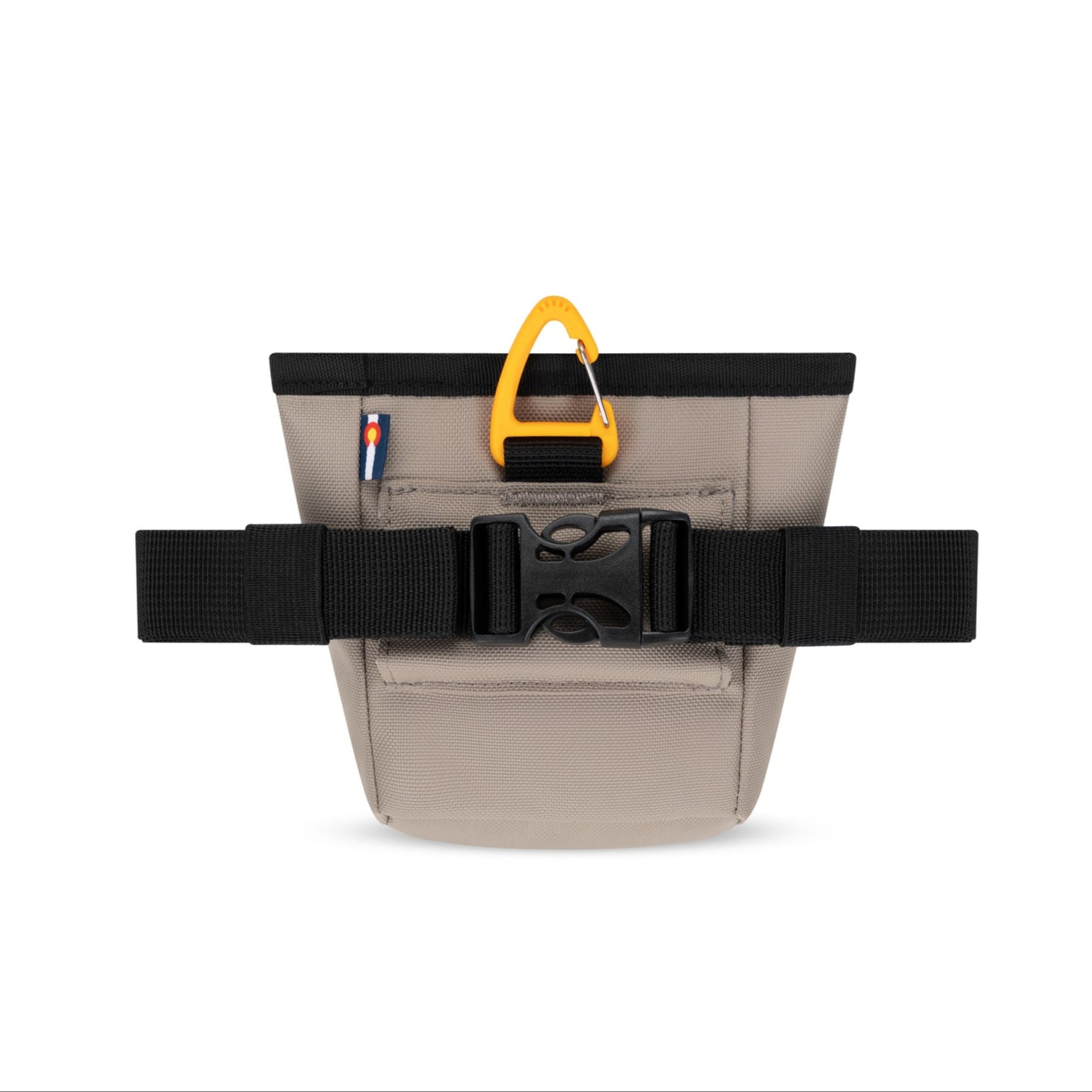 Back view of OllyDog Goodie Treat Bag in Portabella color showing adjustable black waist strap, quick-release buckle, and yellow carabiner clip #color_portabella