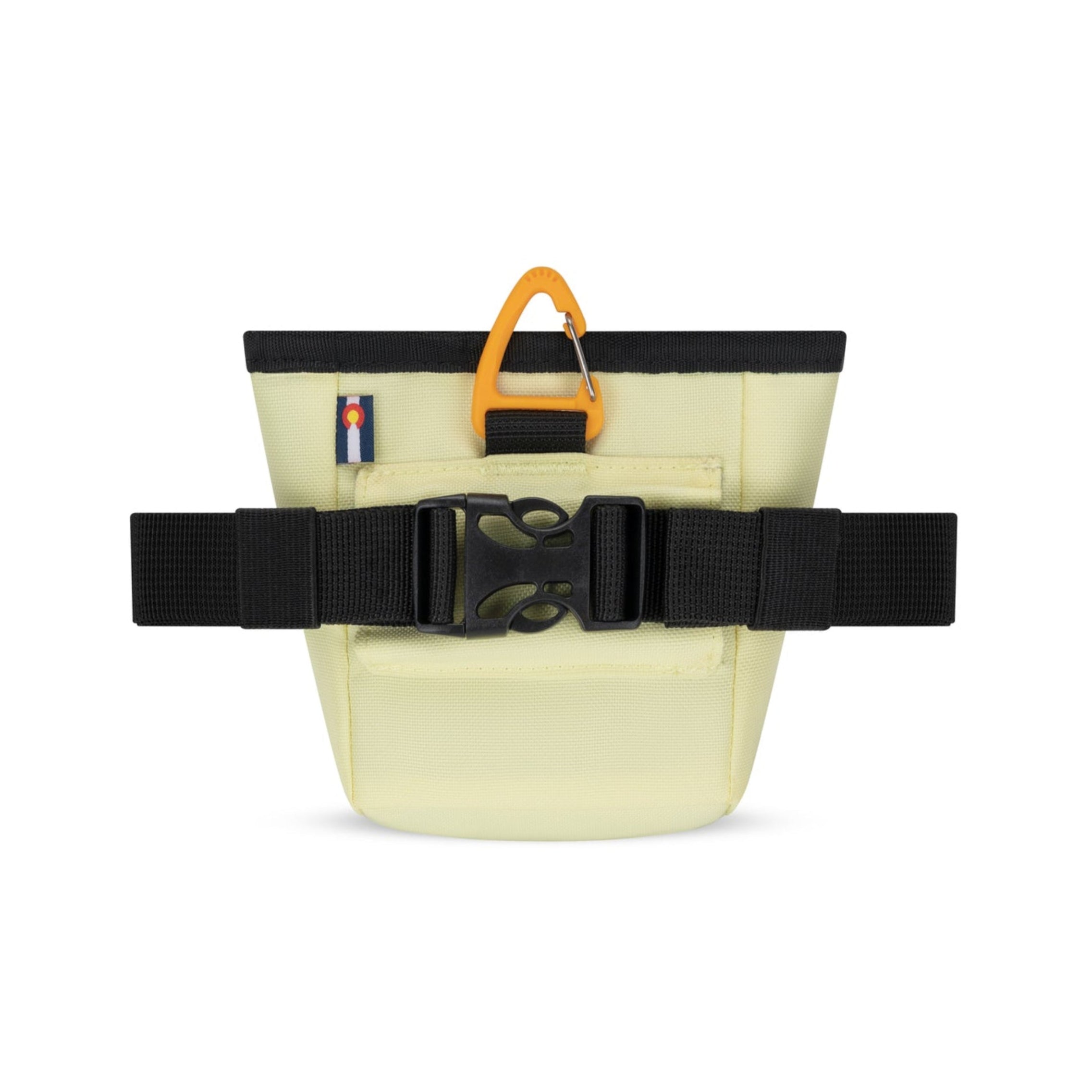 Back view of OllyDog Goodie Treat Bag in Sol color showing black adjustable waist strap, quick-release buckle, and yellow carabiner clip #color_sol