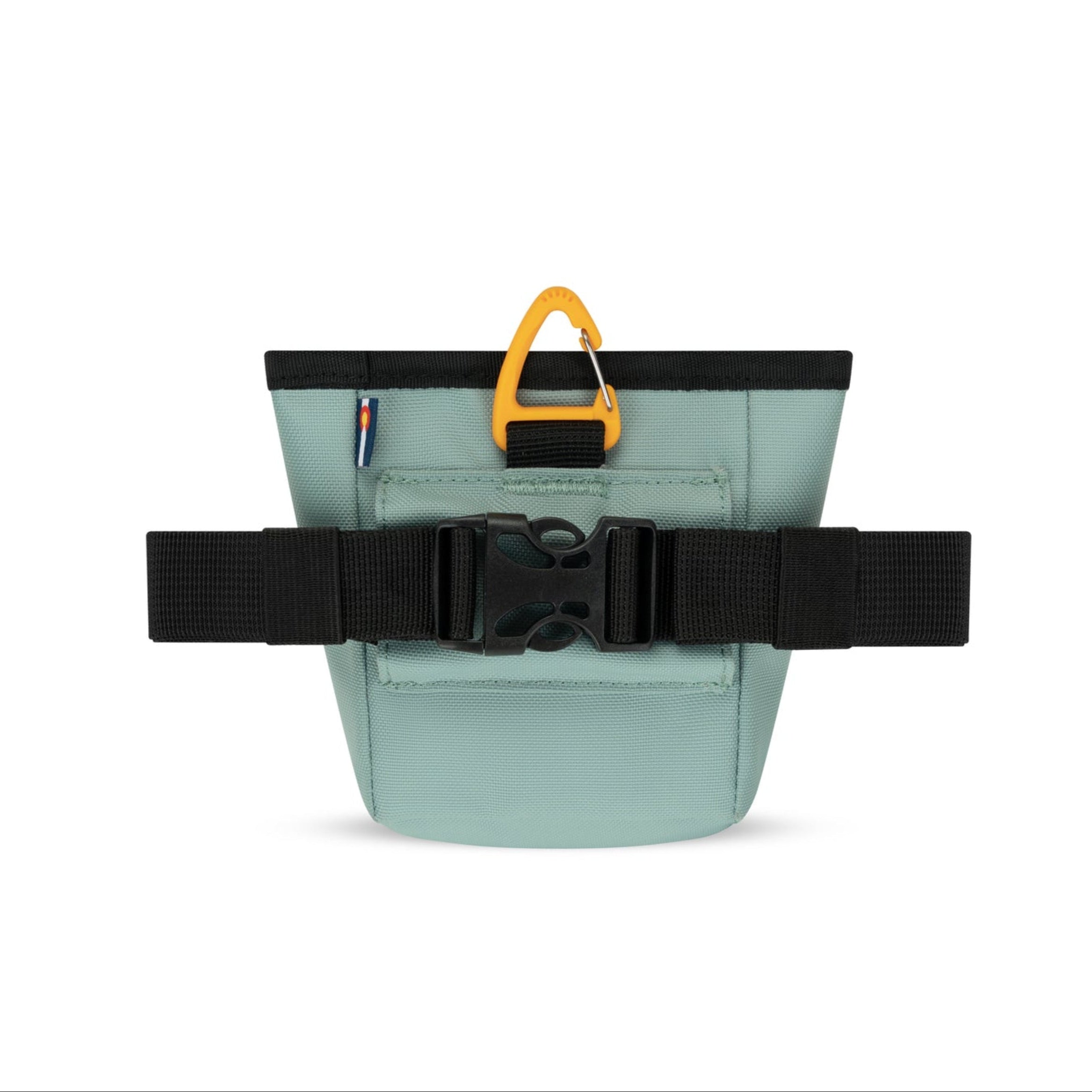 Back view of OllyDog Goodie Treat Bag in Surf color showing adjustable black waist belt, quick-release buckle, and yellow carabiner clip #color_surf