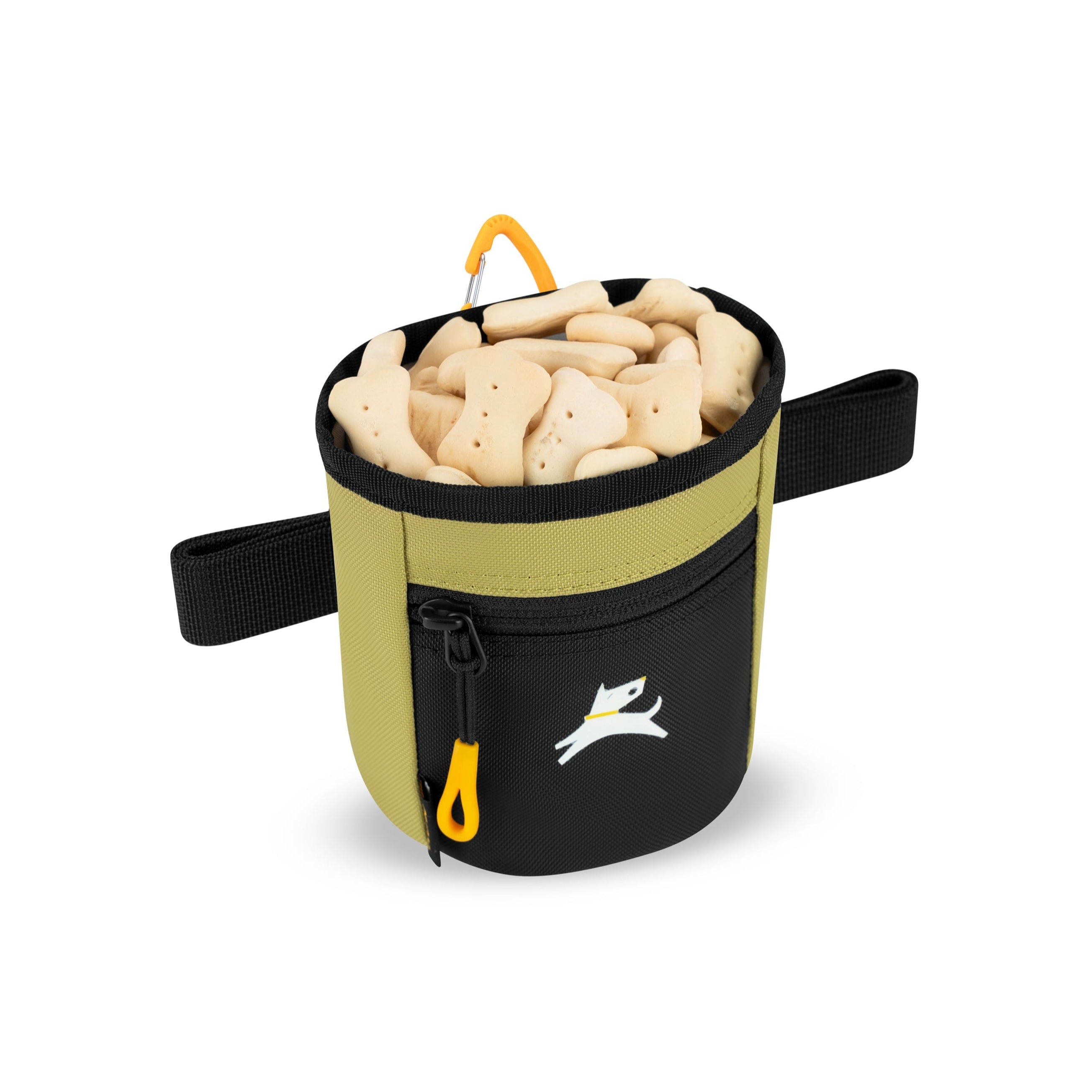 OllyDog Goodie Treat Bag in Alchemy color filled with bone-shaped dog treats, featuring front zipper pocket and waist strap #color_alchemy