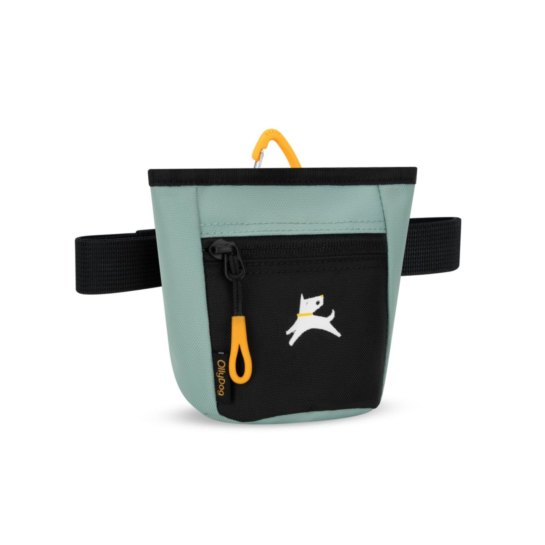 OllyDog Goodie Treat Bag in Surf color with front zipper pocket, yellow carabiner clip, and black waist strap #color_surf
