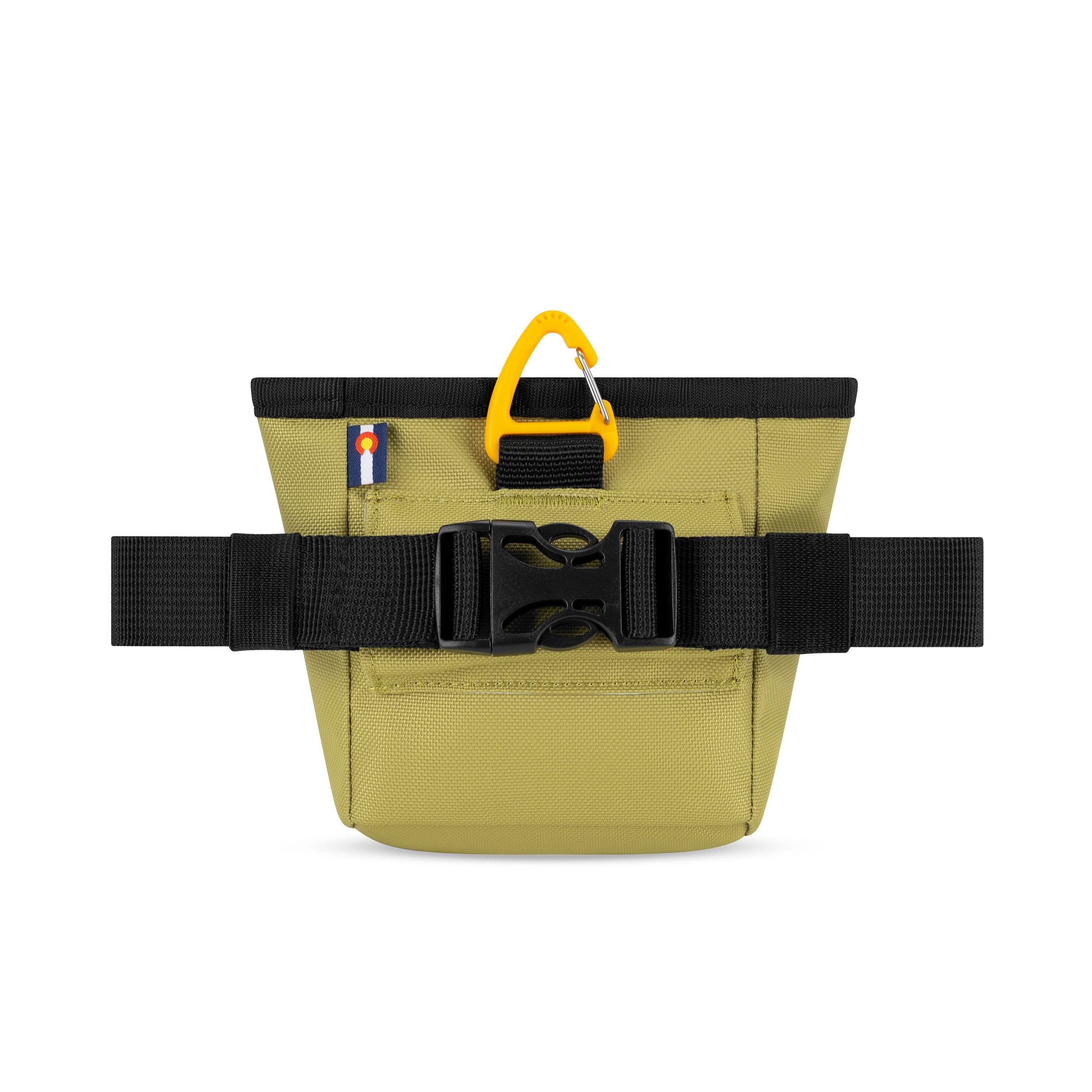 Back view of OllyDog Goodie Treat Bag in Alchemy color showing adjustable waist belt, quick-release buckle, and carabiner clip #color_alchemy