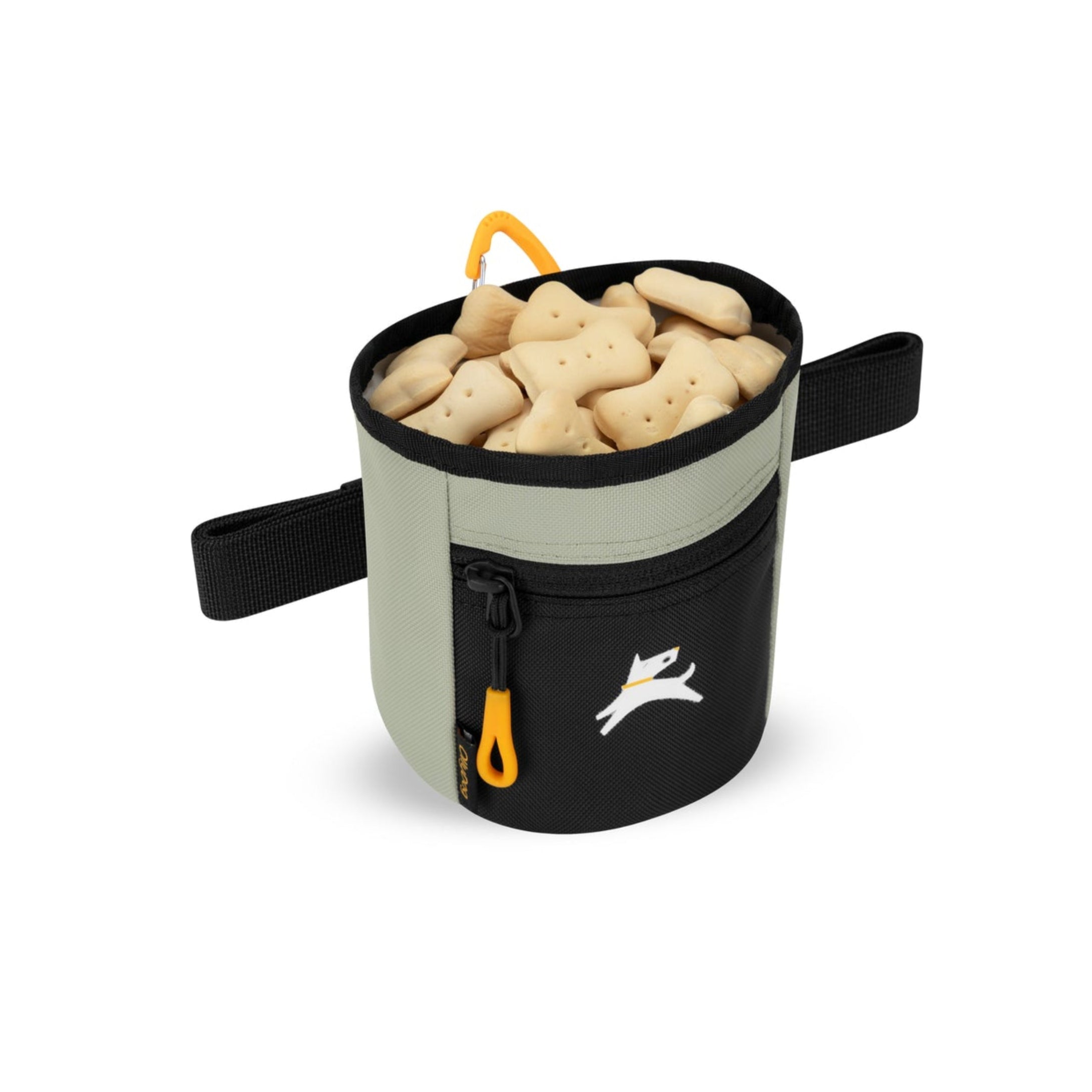 Angled view of OllyDog Goodie Treat Bag in Abbey Stone color filled with bone-shaped dog treats, featuring black zipper pocket and yellow carabiner clip #color_abbey stone