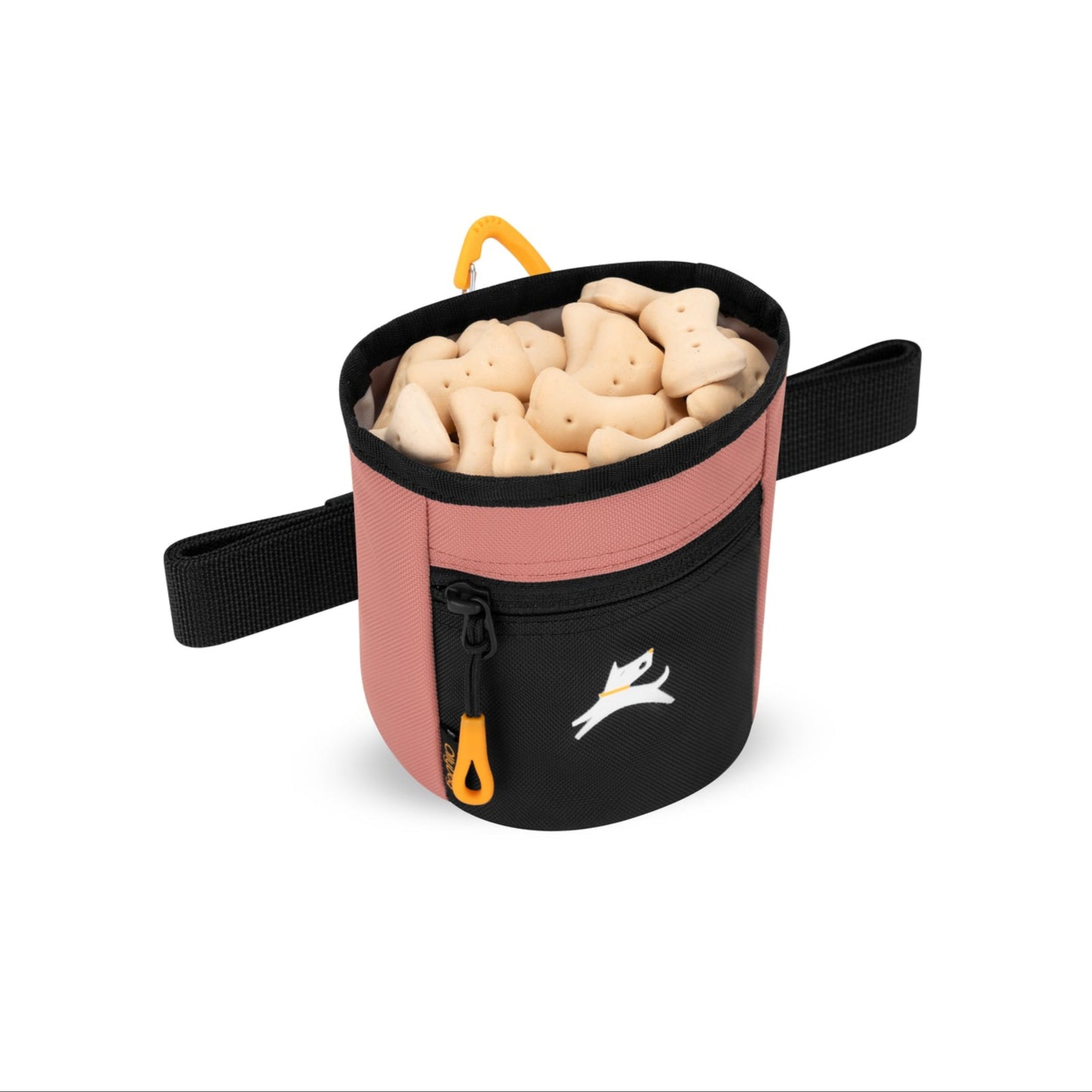Angled view of OllyDog Goodie Treat Bag in Desert color filled with bone-shaped dog treats, featuring black zipper pocket and yellow carabiner clip #color_desert