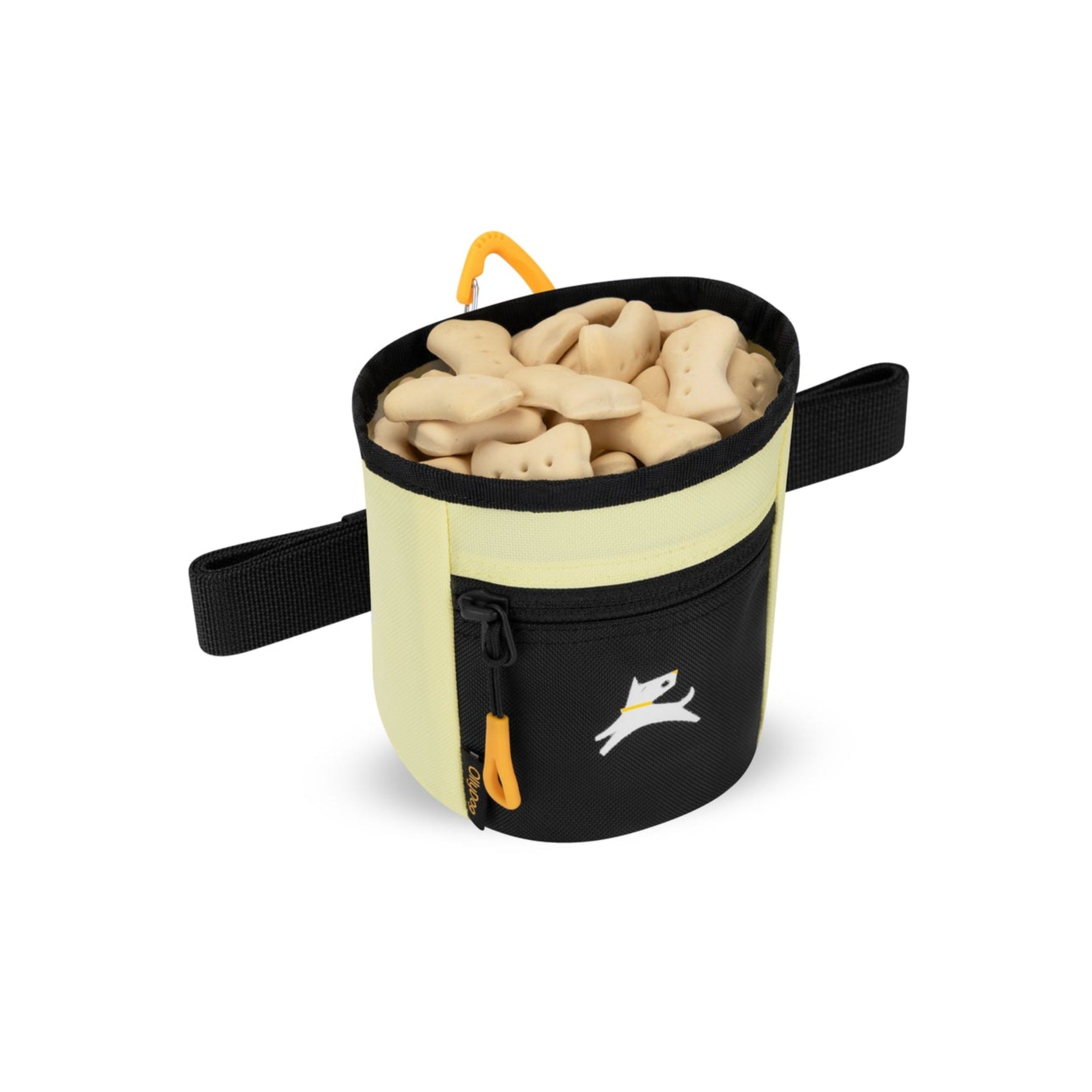 Angled view of OllyDog Goodie Treat Bag in Sol color filled with bone-shaped dog treats, featuring black zipper pocket and yellow carabiner clip #color_sol