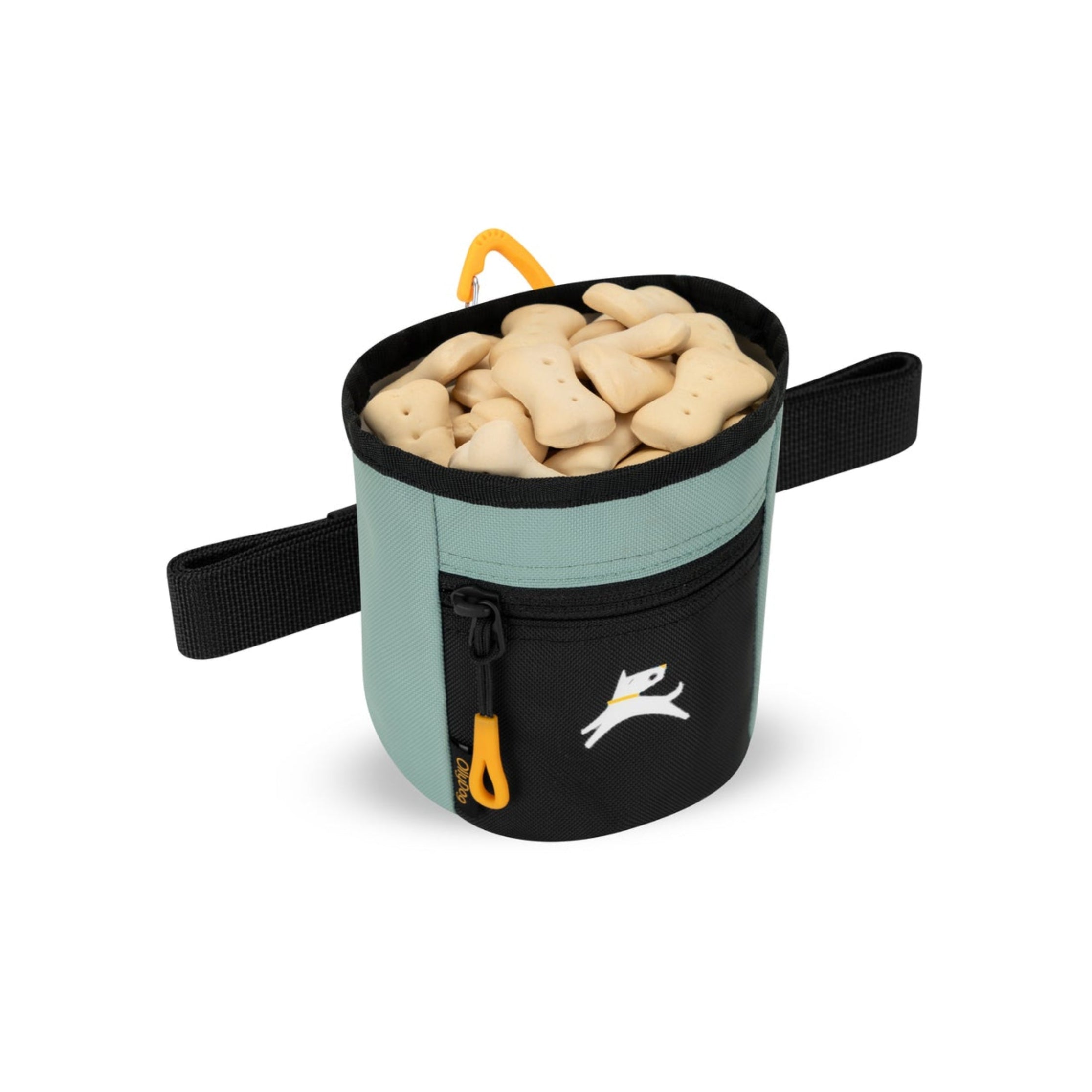 OllyDog Goodie Treat Bag in Surf color filled with bone-shaped dog treats, featuring black front zipper pocket and yellow carabiner clip #color_surf