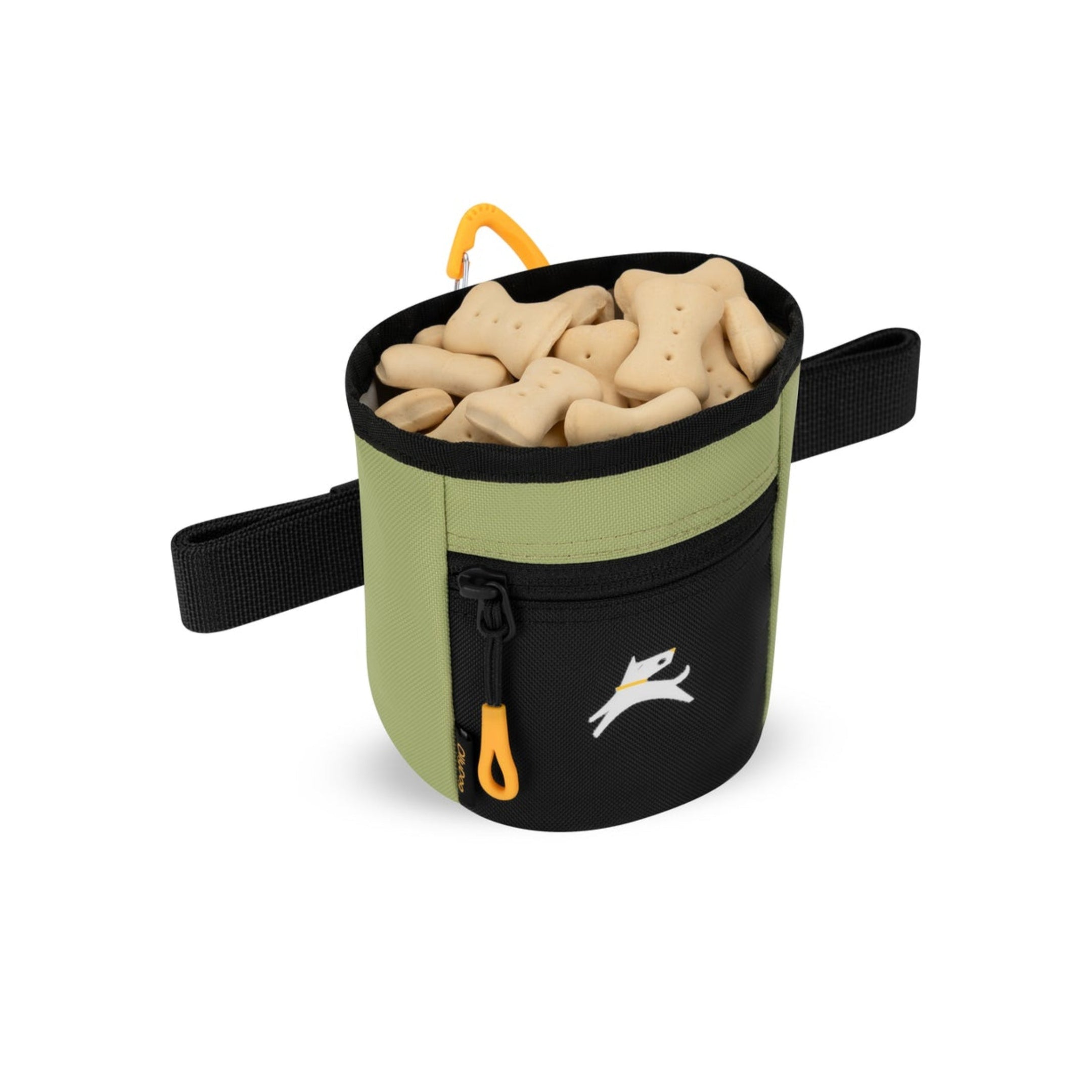Angled view of OllyDog Goodie Treat Bag in Palm color filled with bone-shaped dog treats, featuring black zipper pocket and yellow carabiner clip #color_palm