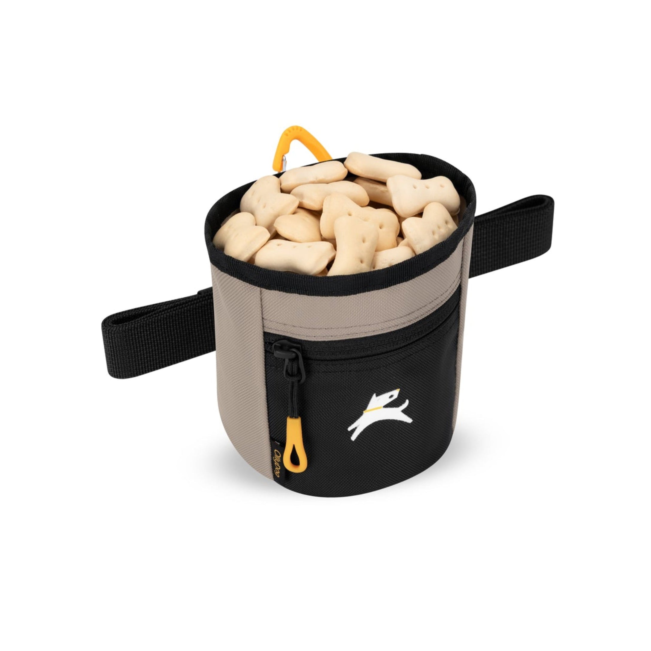 Angled view of OllyDog Goodie Treat Bag in Portabella color filled with bone-shaped dog treats, featuring black zipper pocket and yellow carabiner clip #color_portabella