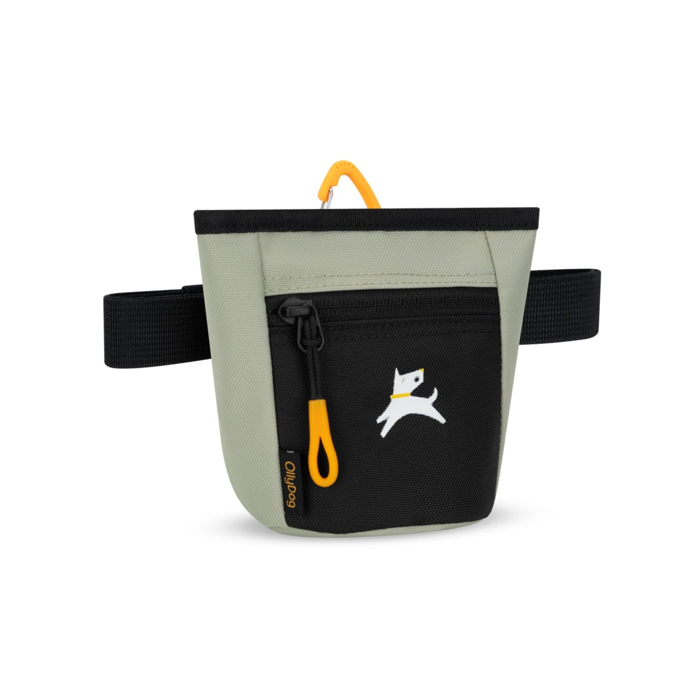 Side view of OllyDog Goodie Treat Bag in Abbey Stone color featuring black front zipper pocket, yellow carabiner clip, and adjustable black waist strap #color_abbey stone