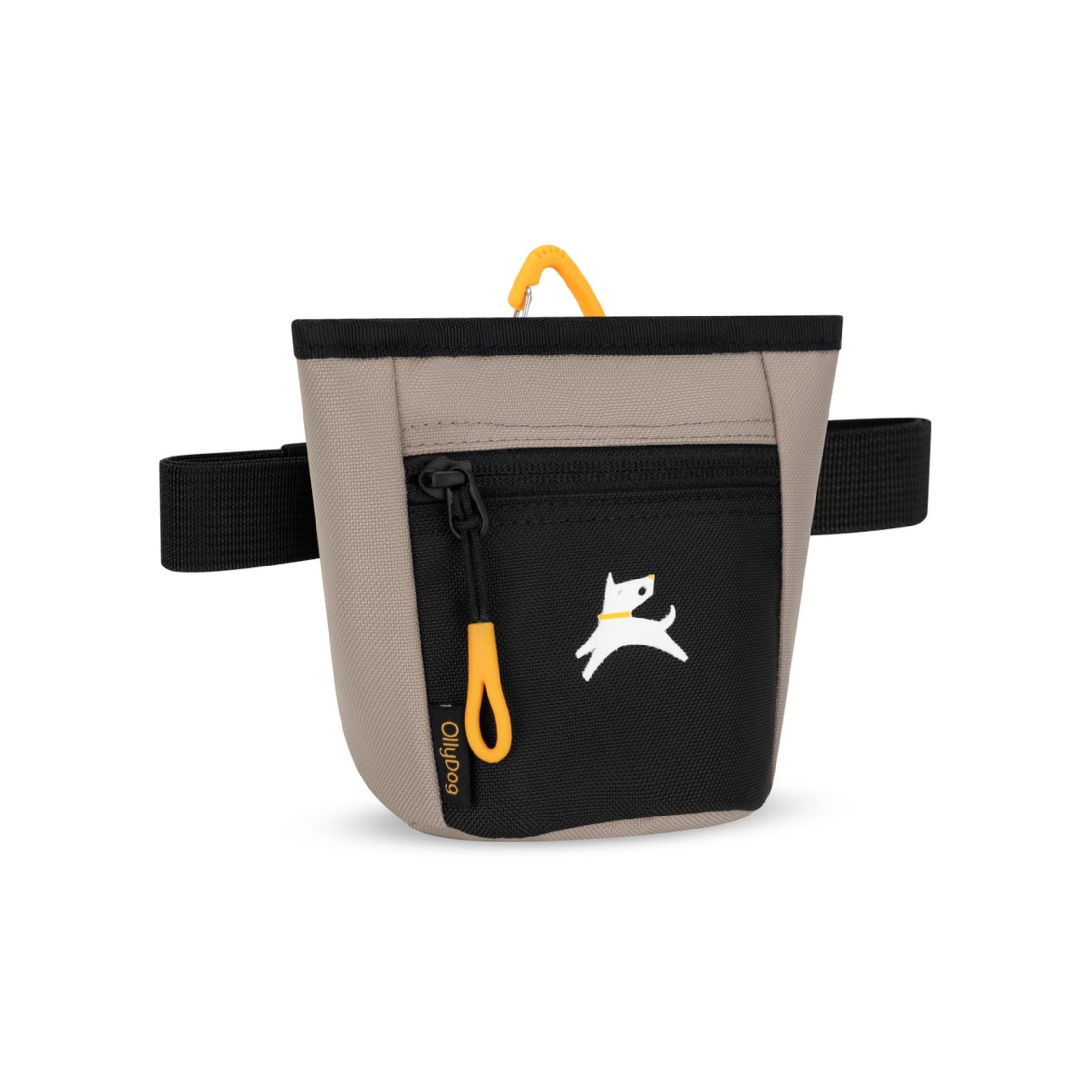Side view of OllyDog Goodie Treat Bag in Portabella color featuring black front zipper pocket, yellow carabiner clip, and adjustable waist strap #color_portabella
