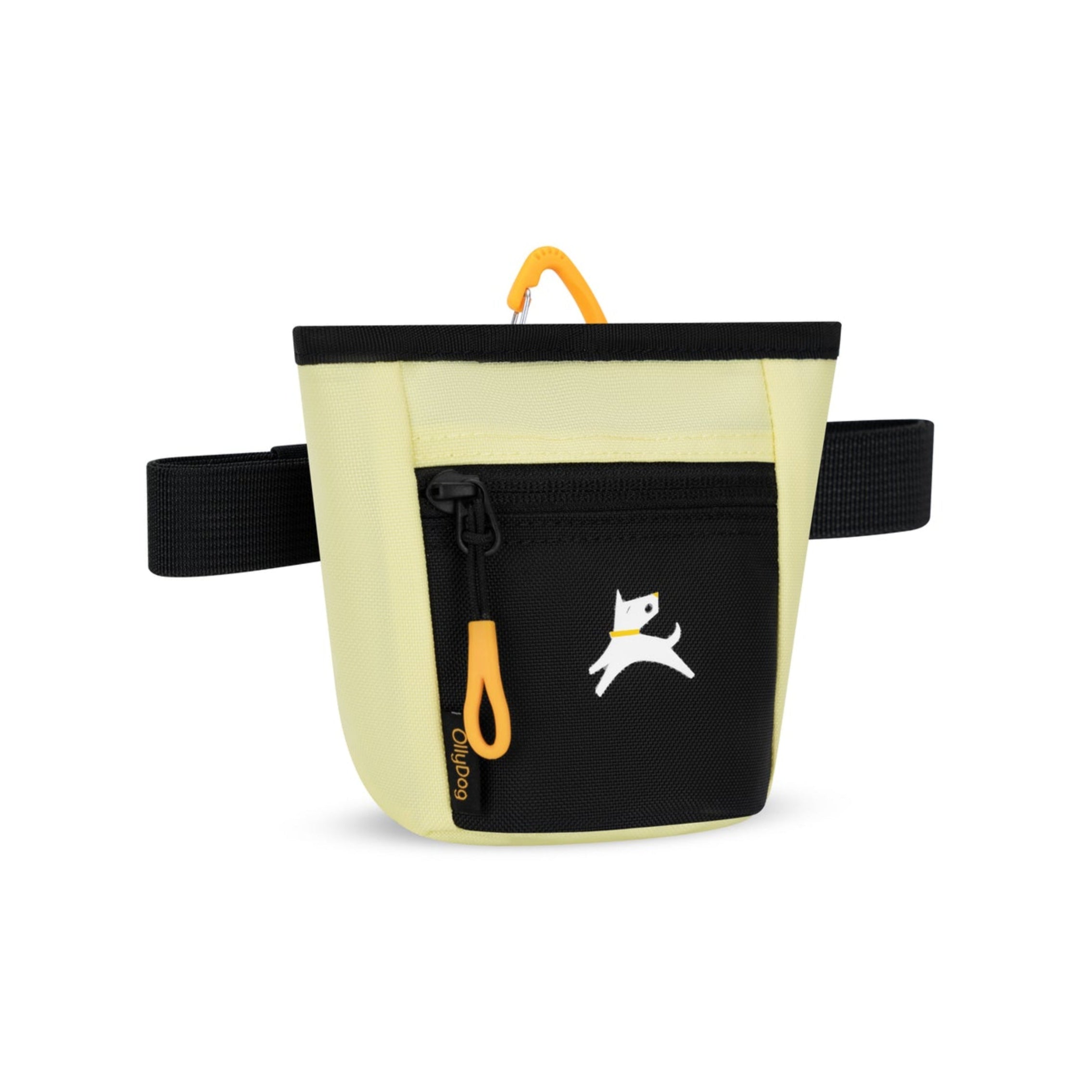 Side view of OllyDog Goodie Treat Bag in Sol color featuring black front zipper pocket, yellow carabiner clip, and adjustable waist strap #color_sol