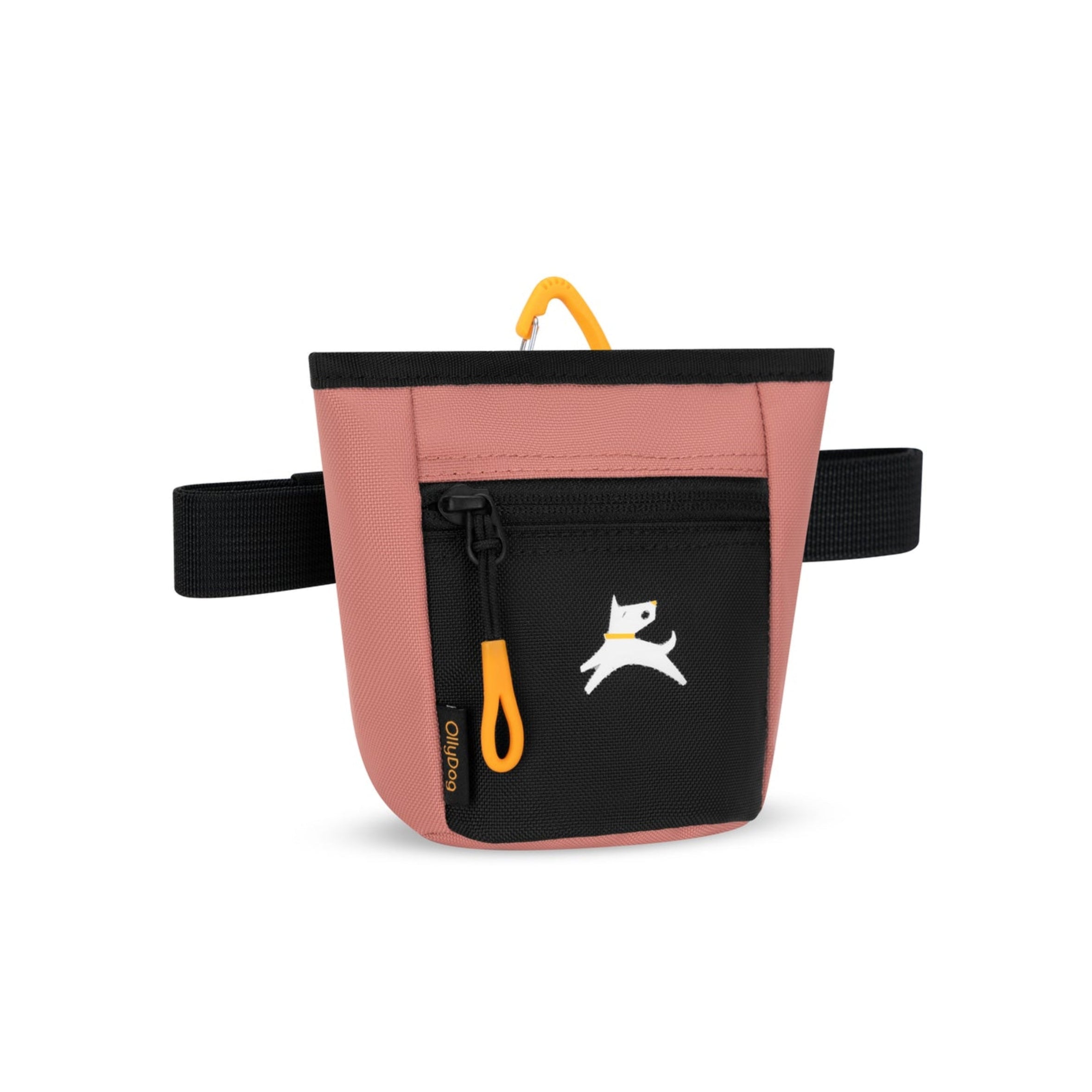 Side view of OllyDog Goodie Treat Bag in Desert color featuring black front zipper pocket, yellow carabiner clip, and adjustable waist strap #color_desert