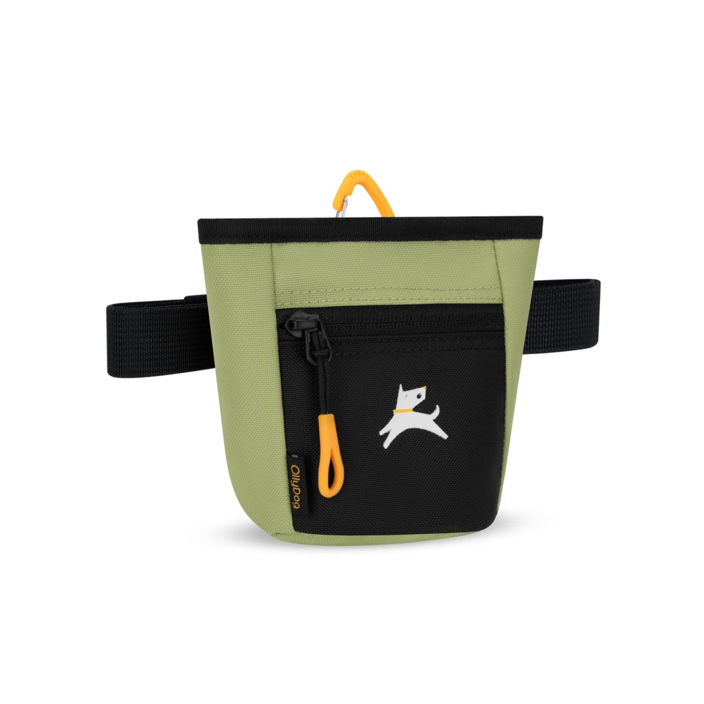 Side view of OllyDog Goodie Treat Bag in Palm color featuring black zipper pocket, yellow carabiner clip, and adjustable waist strap #color_palm