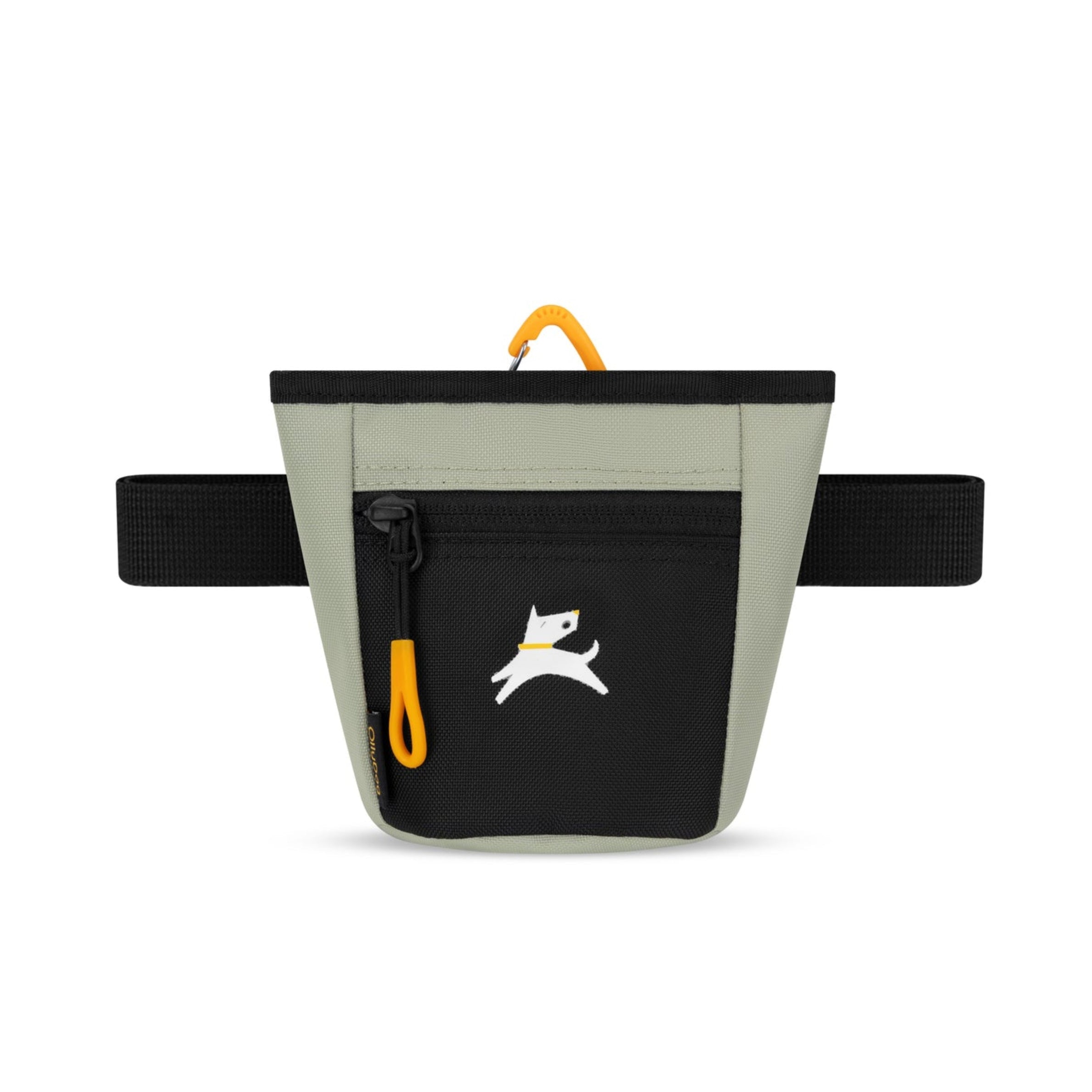 Front view of OllyDog Goodie Treat Bag in Abbey Stone color featuring black front zipper pocket, yellow carabiner clip, and adjustable black waist strap #color_abbey stone