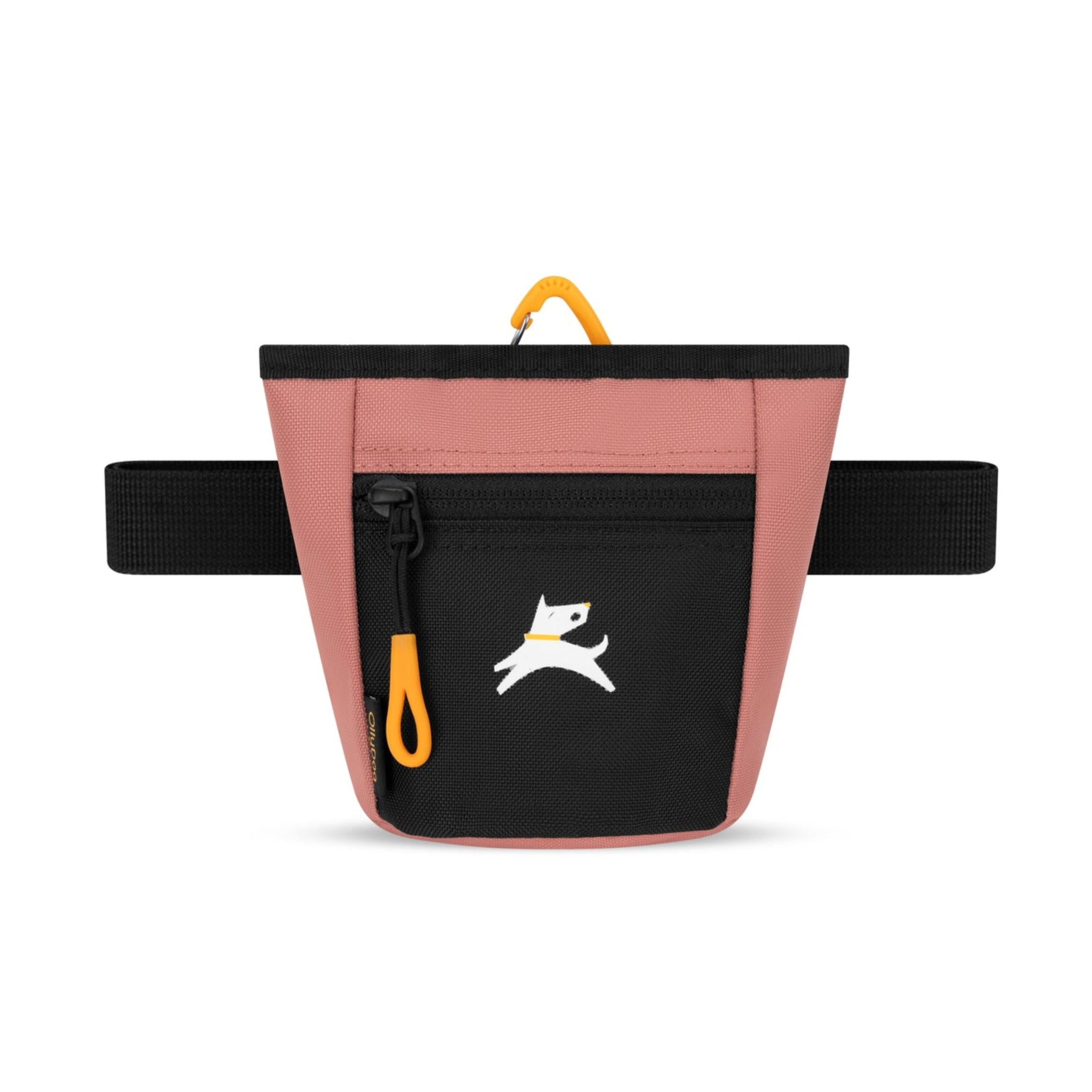 Front view of OllyDog Goodie Treat Bag in Desert color featuring black zipper pocket, yellow carabiner clip, and adjustable waist strap #color_desert