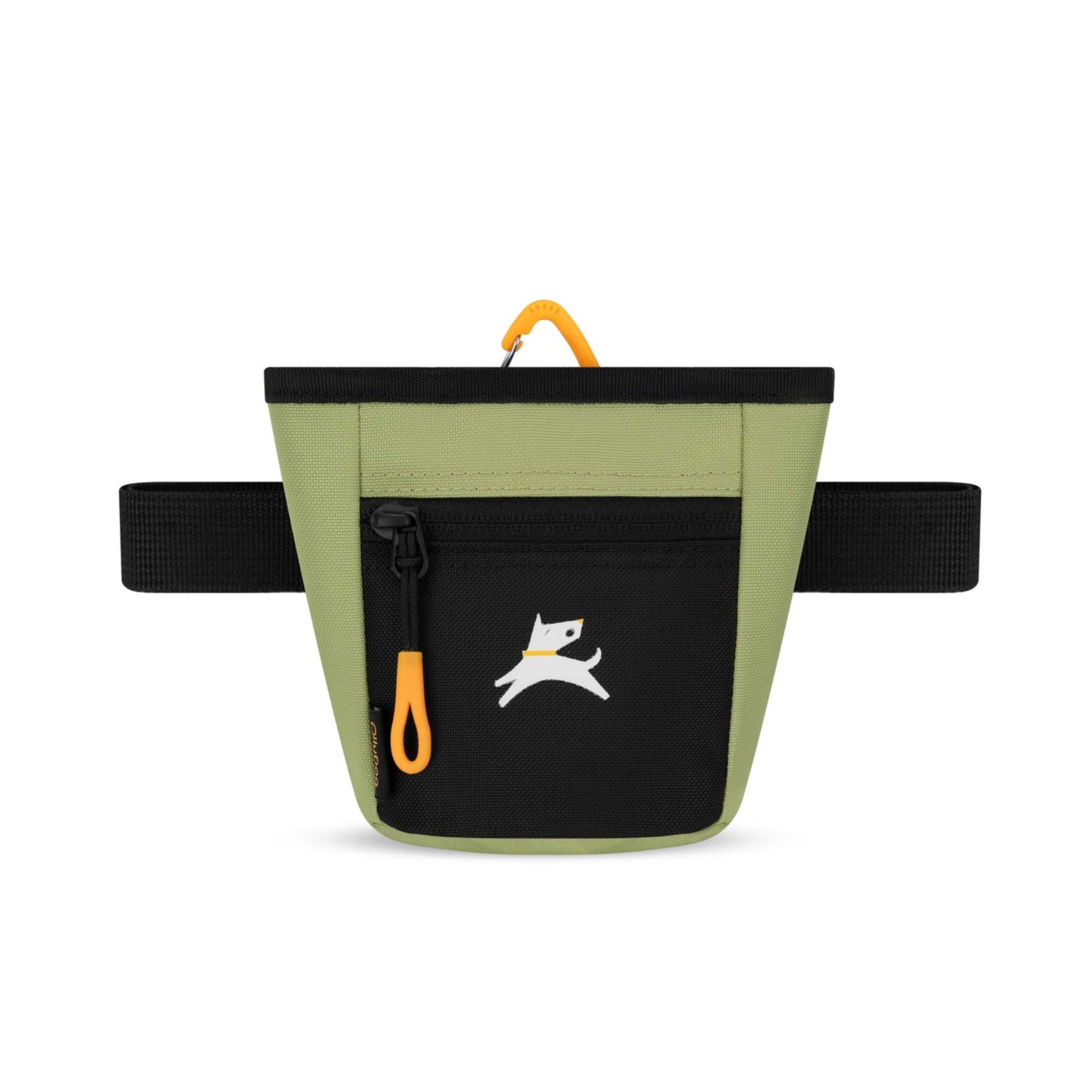Front view of OllyDog Goodie Treat Bag in Palm color featuring black zipper pocket, yellow carabiner clip, and adjustable waist strap #color_palm
