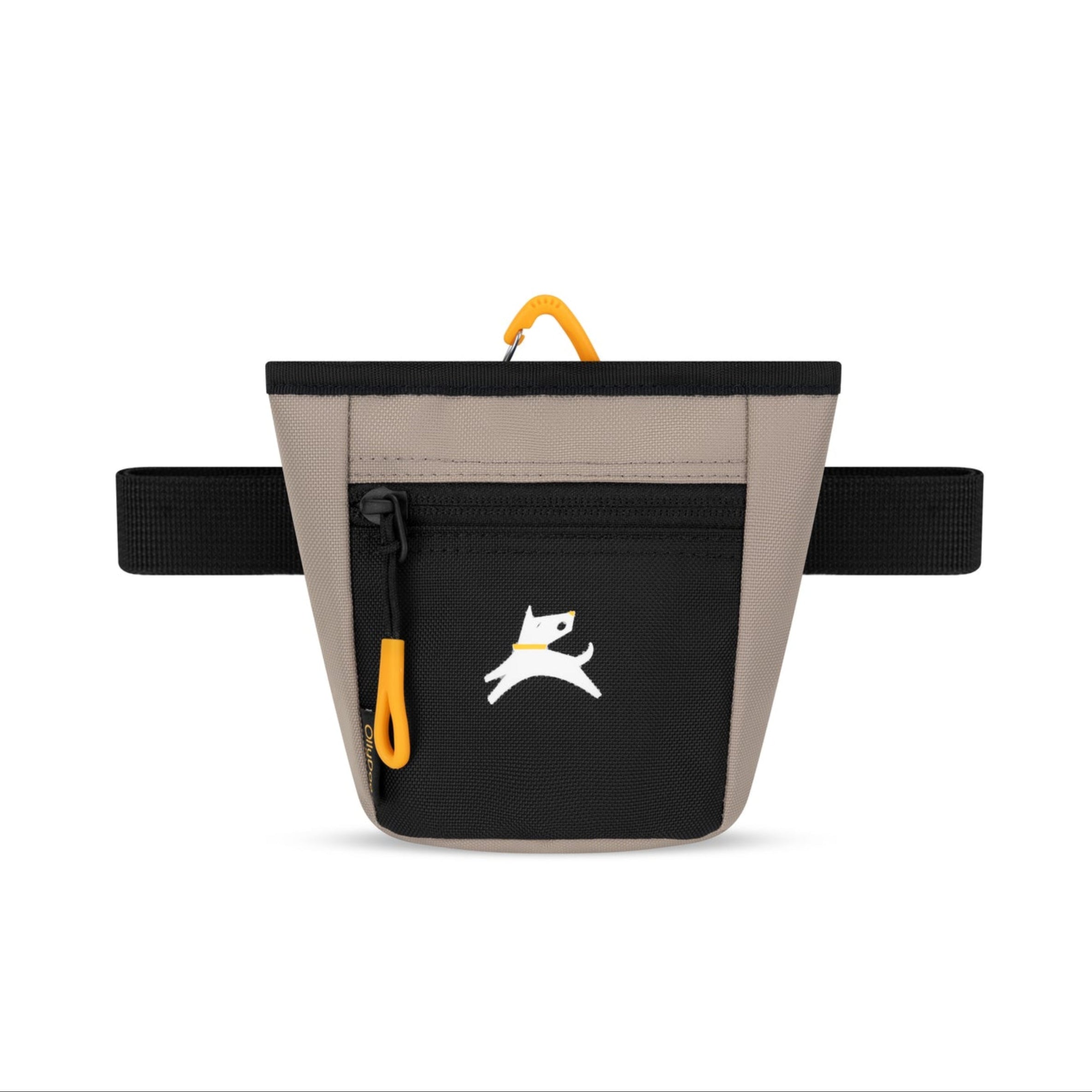 Front view of OllyDog Goodie Treat Bag in Portabella color featuring black front zipper pocket, yellow carabiner clip, and adjustable black waist strap #color_portabella