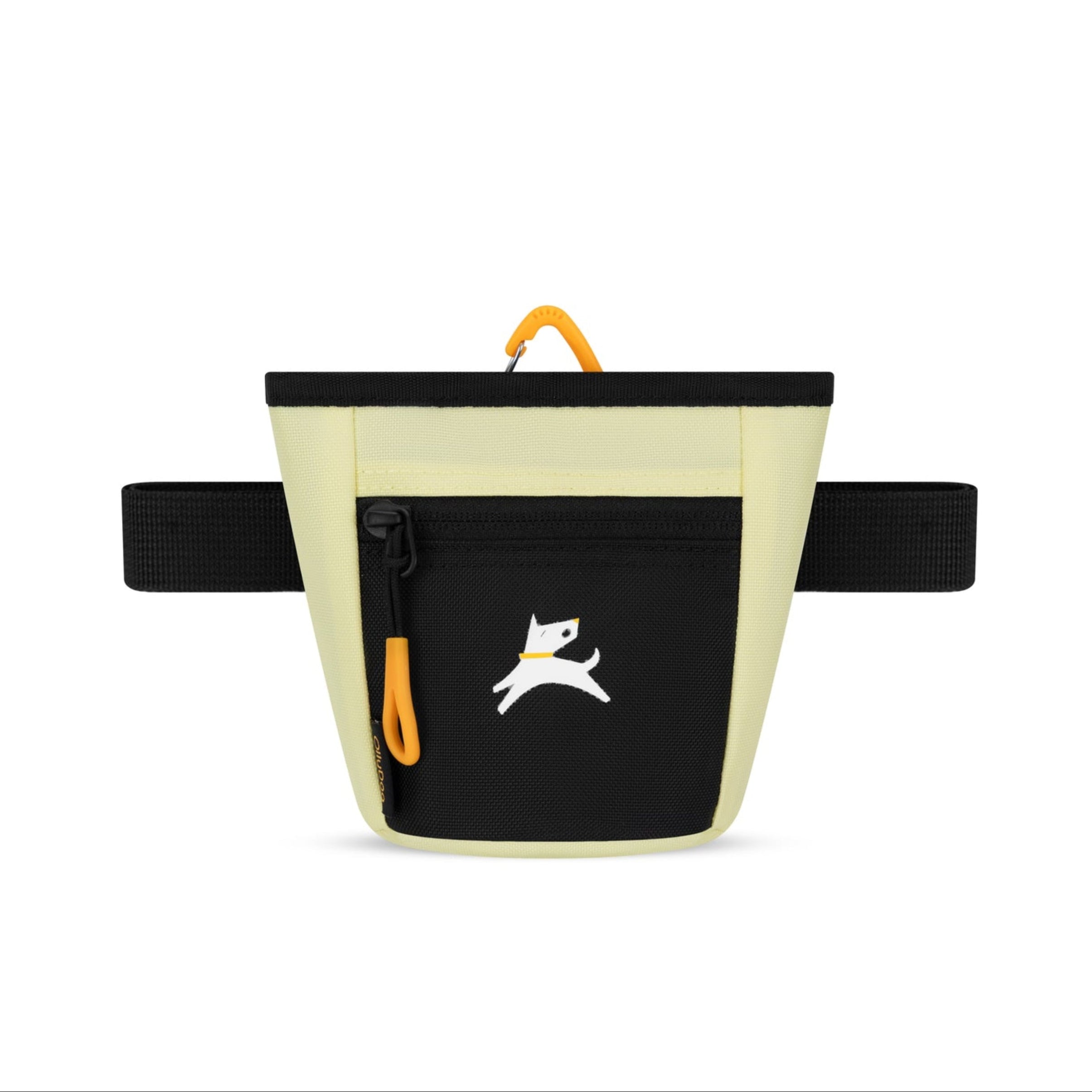 Front view of OllyDog Goodie Treat Bag in Sol color featuring black front zipper pocket, yellow carabiner clip, and adjustable waist strap #color_sol
