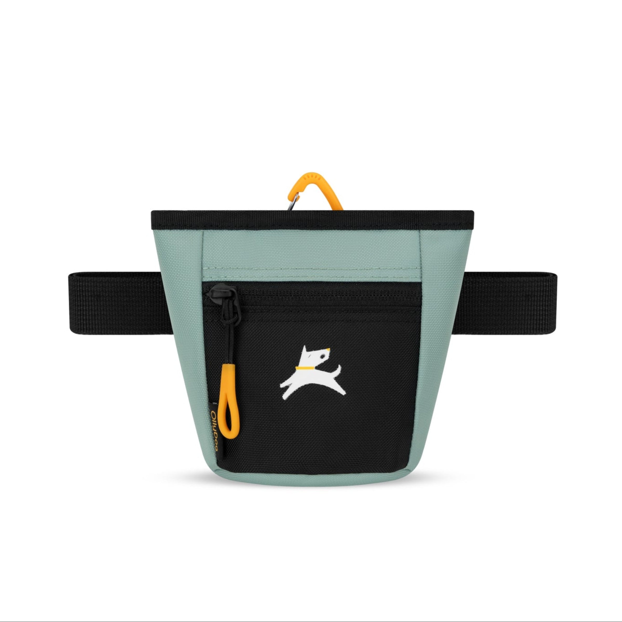 Front view of OllyDog Goodie Treat Bag in Surf color featuring black zipper pocket, yellow carabiner clip, and waist strap #color_surf