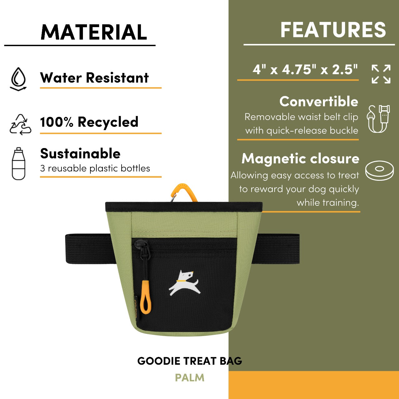 Feature infographic of OllyDog Goodie Treat Bag in Palm color showing water-resistant recycled material, magnetic closure, removable waist belt, and dimensions 4" x 4.75" x 2.5" #color_palm