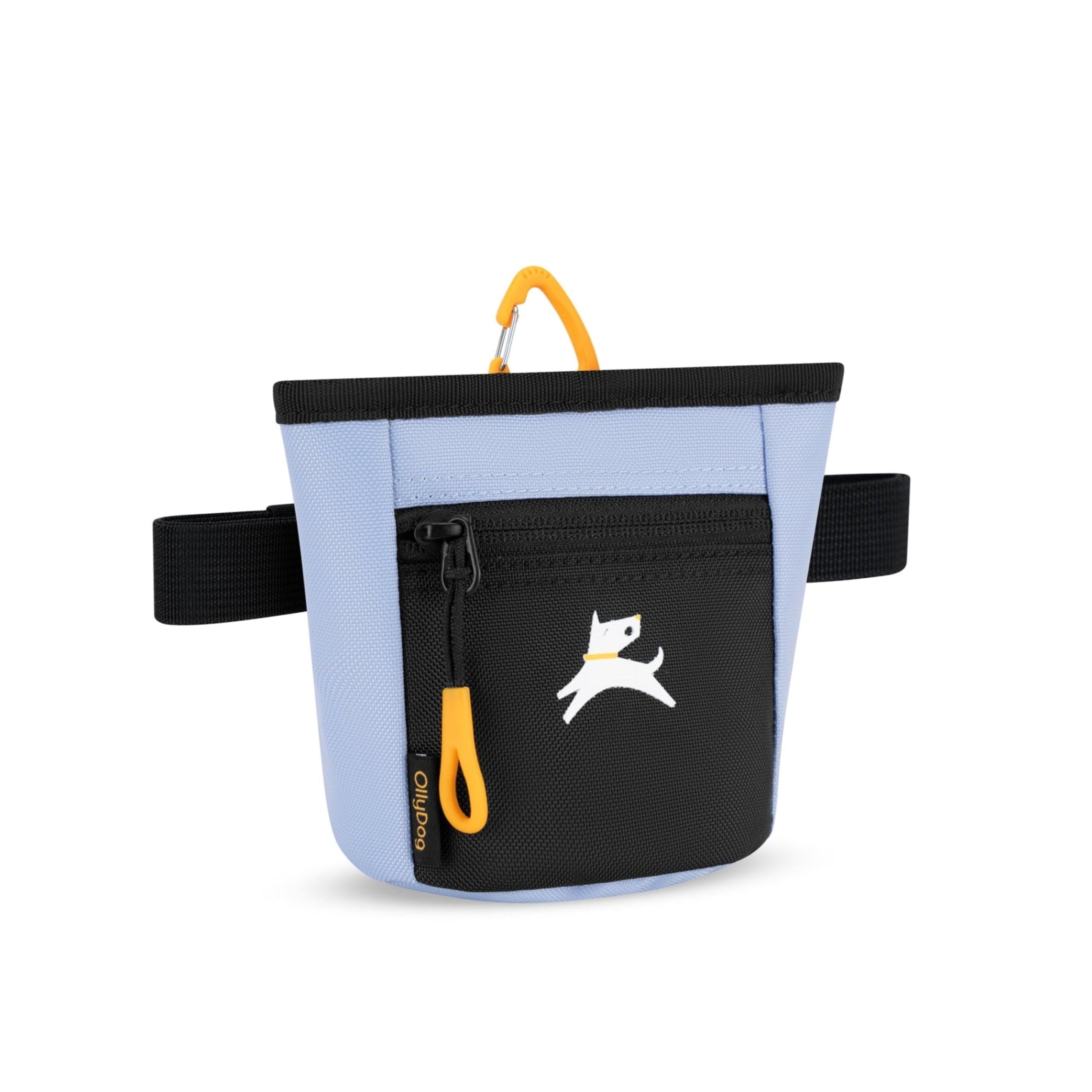 Light blue OllyDog Goodie Treat Bag with black front pocket, yellow clip, and black belt loops #color_blue heron