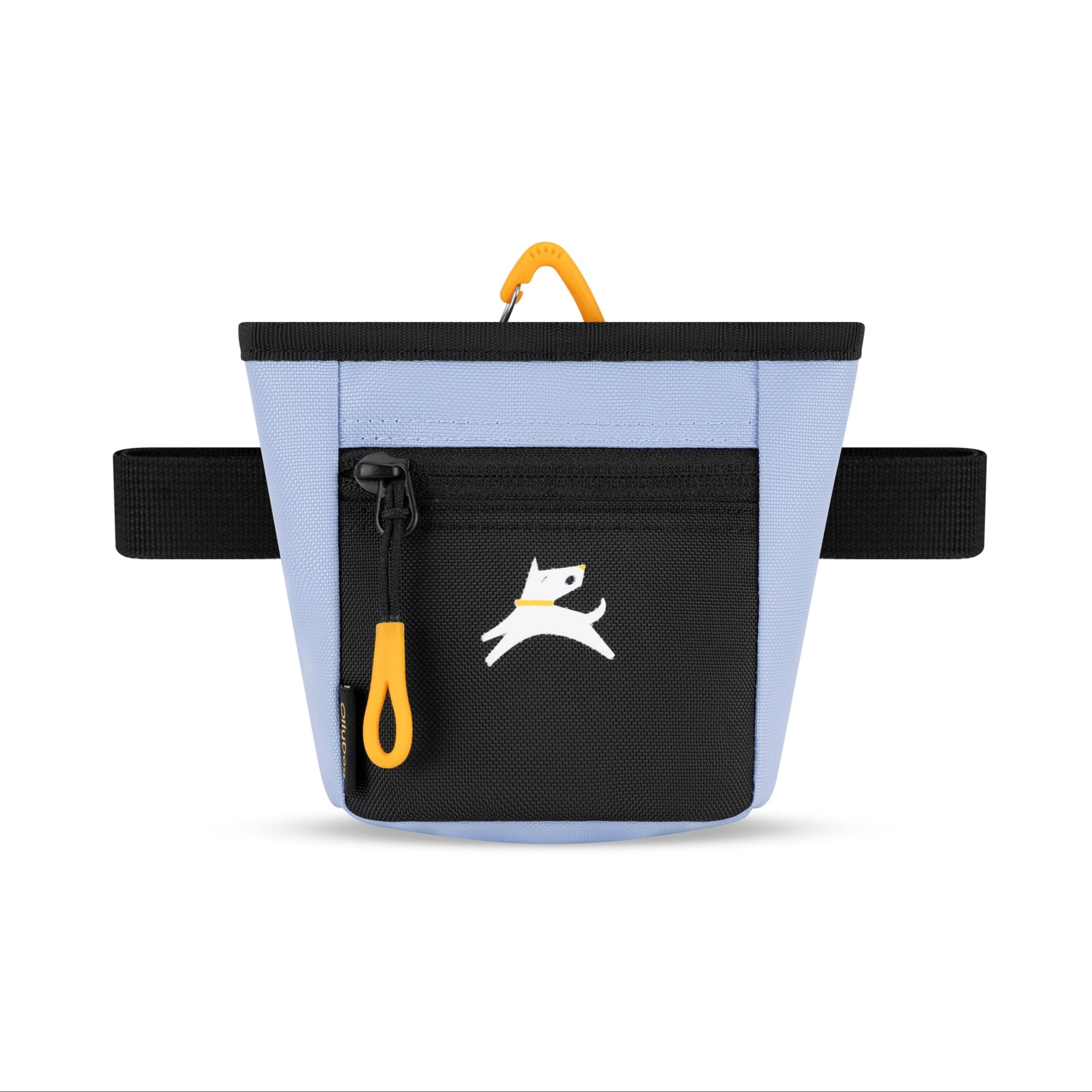 Light blue OllyDog Goodie Treat Bag with black front pocket, yellow clip, and black belt loops #color_blue heron