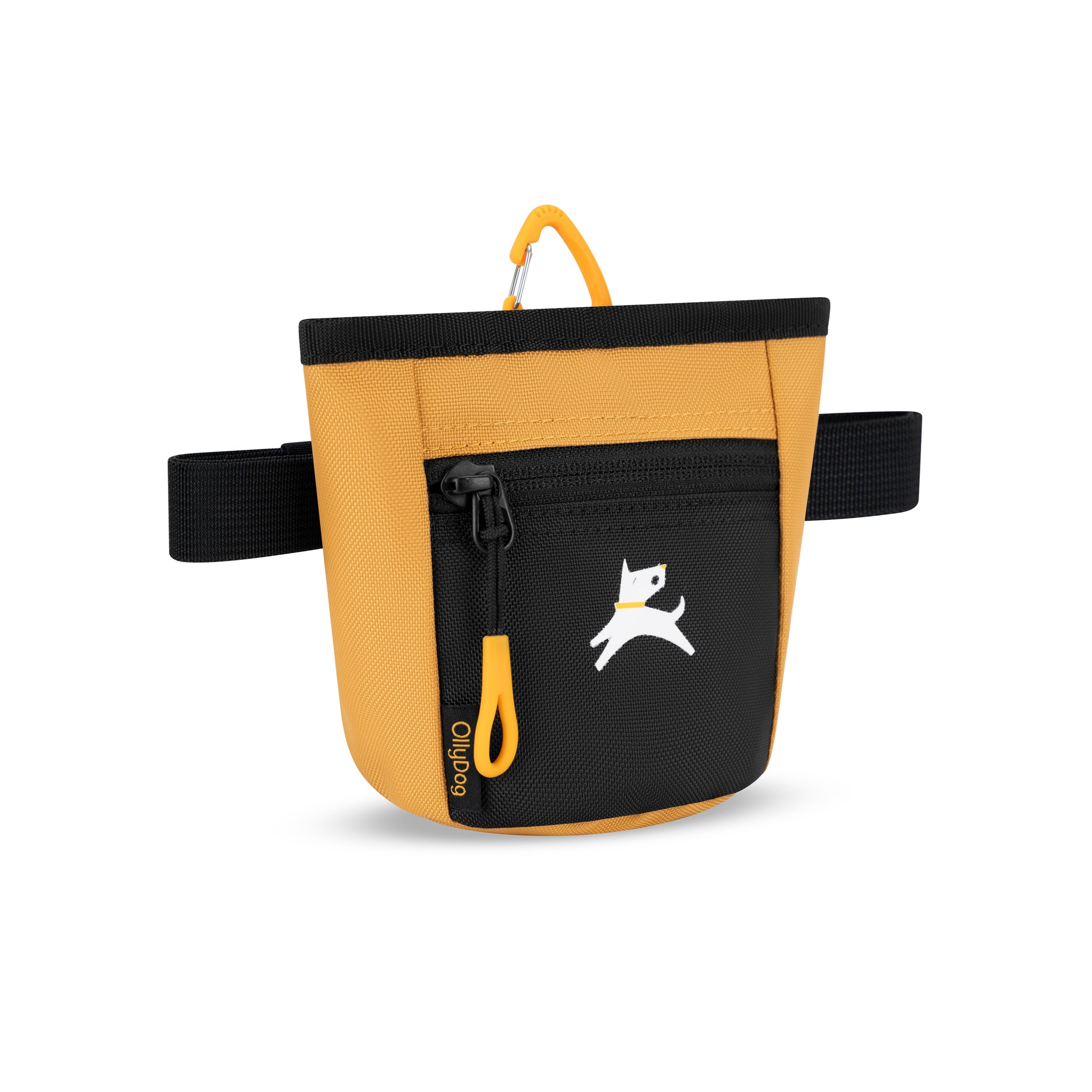 Yellow OllyDog Goodie Treat Bag with a black front pocket, yellow clip, and black belt loops #color_sundial