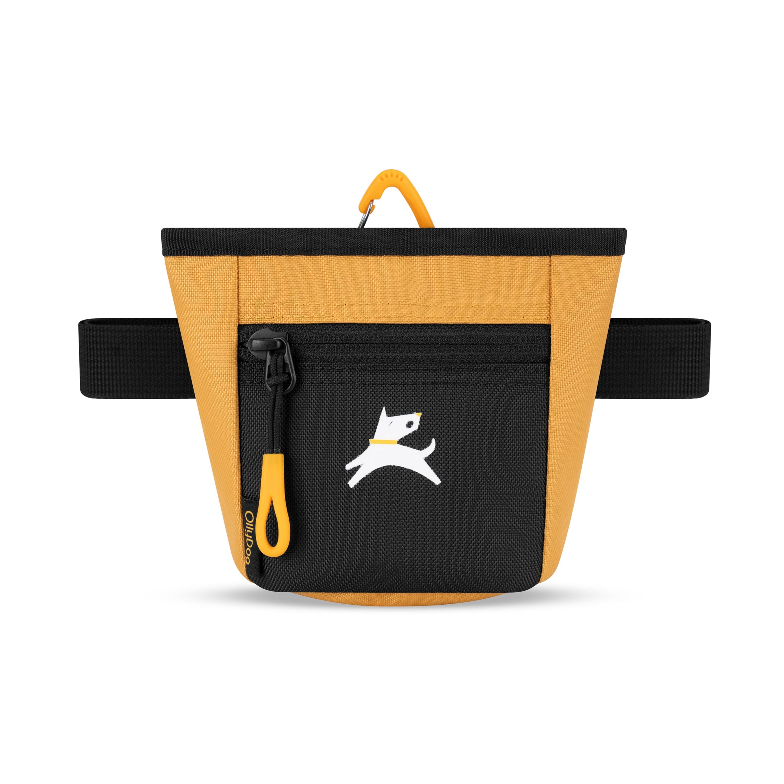 Yellow OllyDog Goodie Treat Bag with a black front pocket, yellow clip, and black belt loops #color_sundial