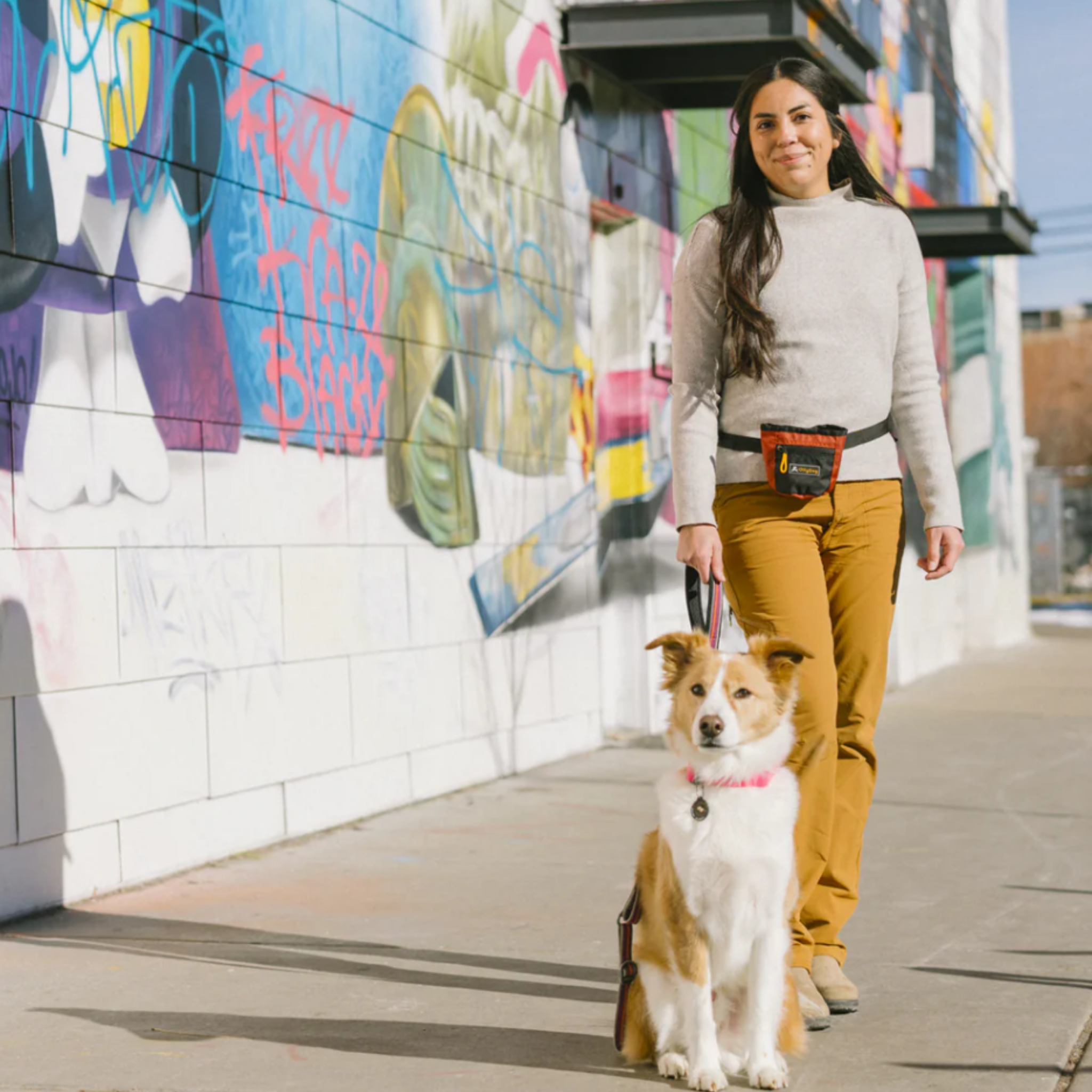 A woman walking her dog in front of a vibrant, colorful graffiti mural. The woman is wearing a long-sleeved T-shirt and an OllyDog Goodie Treat Bag in Cider color using the waist belt, and her dog is a medium-sized breed. #color_cider