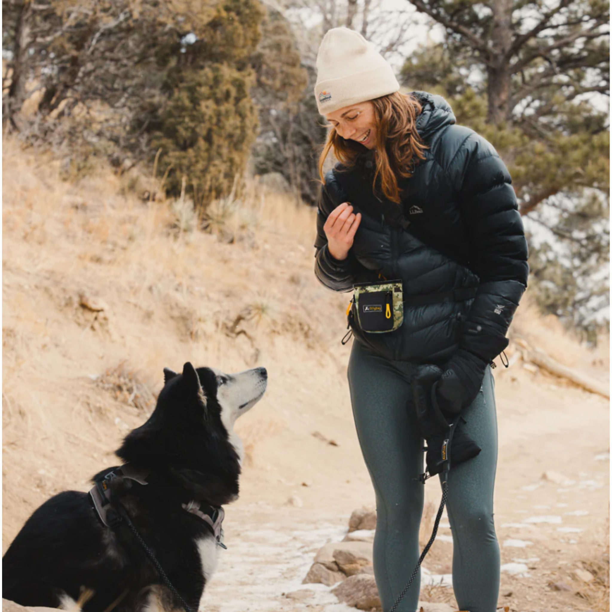The image shows a woman wearing a black puffer jacket, white beanie, and hiking boots standing on a dirt trail in a wooded area. She is looking down and interacting with a black dog that is also on the trail. The background features pine trees and a rocky landscape. The woman has an OllyDog treat pouch in Woodland Camo color attached to her waist, She is providing treats or rewards to her canine companion during their outdoor activity. #color_woodland camo
