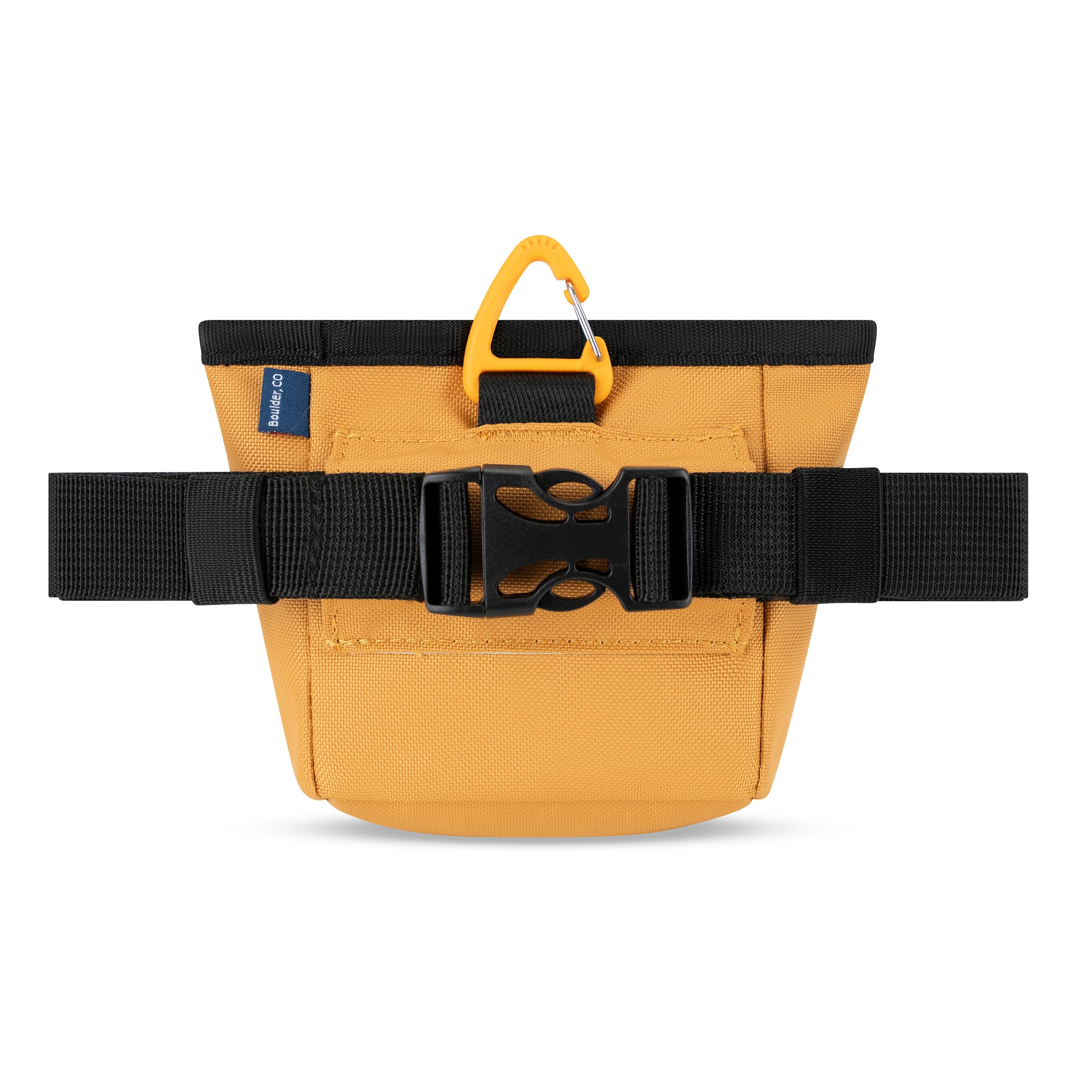 Back view of the yellow OllyDog Goodie Treat Bag showing the adjustable black belt strap with buckle and a yellow carabiner clip at the top #color_sundial