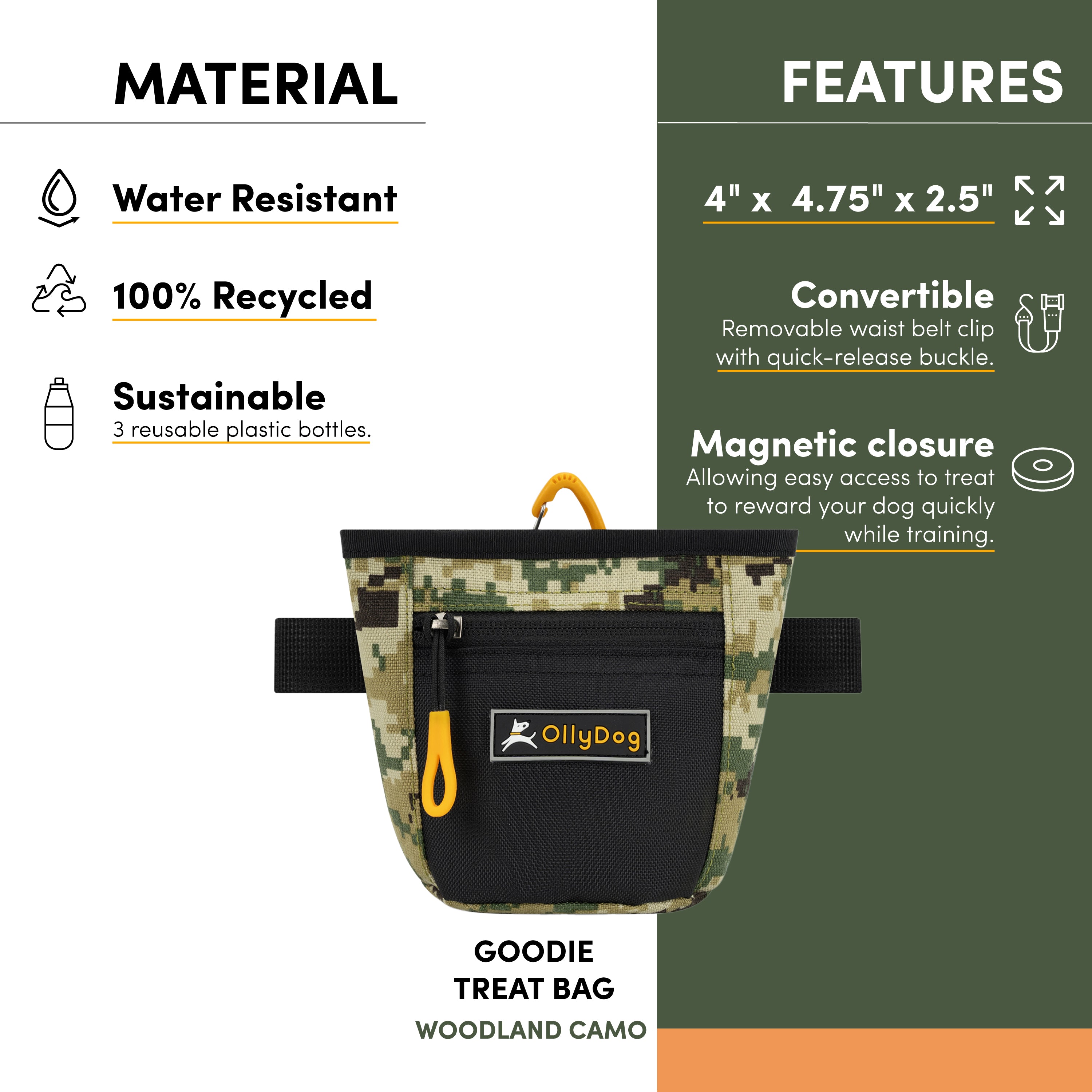 An image with text that points out the following features of the Goodie Treat Bag: water-resistant material, 100% recycled material, sustainably-made with three repurposed plastic bottles, dimensions of 4” x 4.75” x 2.5”, convertible design includes waist belt clip with a quick-release buckle, magnetic closure allowing easy access to treats to reward your dog quickly while training. #color_woodland camo