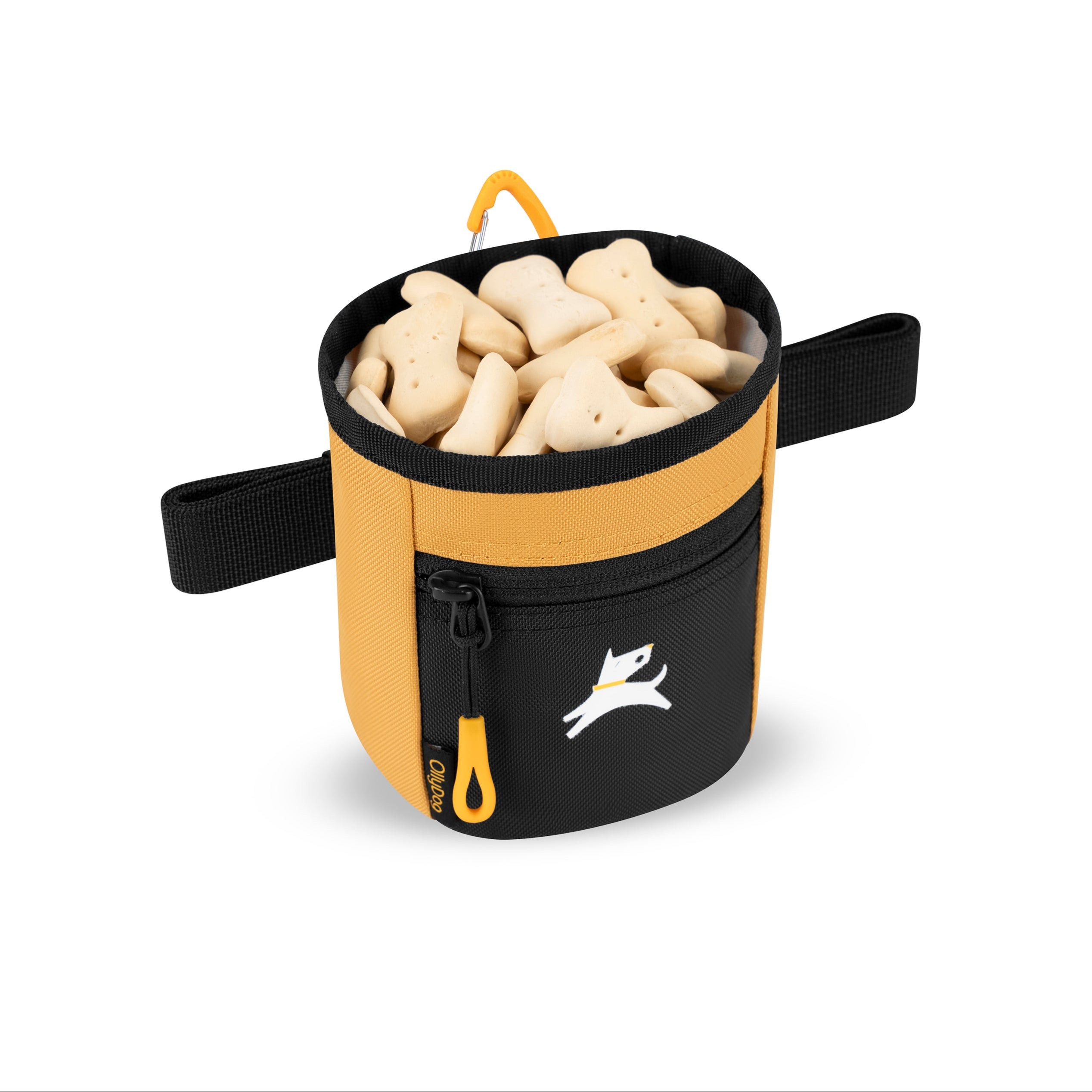 Yellow and black OllyDog Goodie Treat Bag filled to the brim with small, light-colored dog treats, highlighting its spacious interior and convenient design with a front zippered pocket and yellow clip #color_sundial
