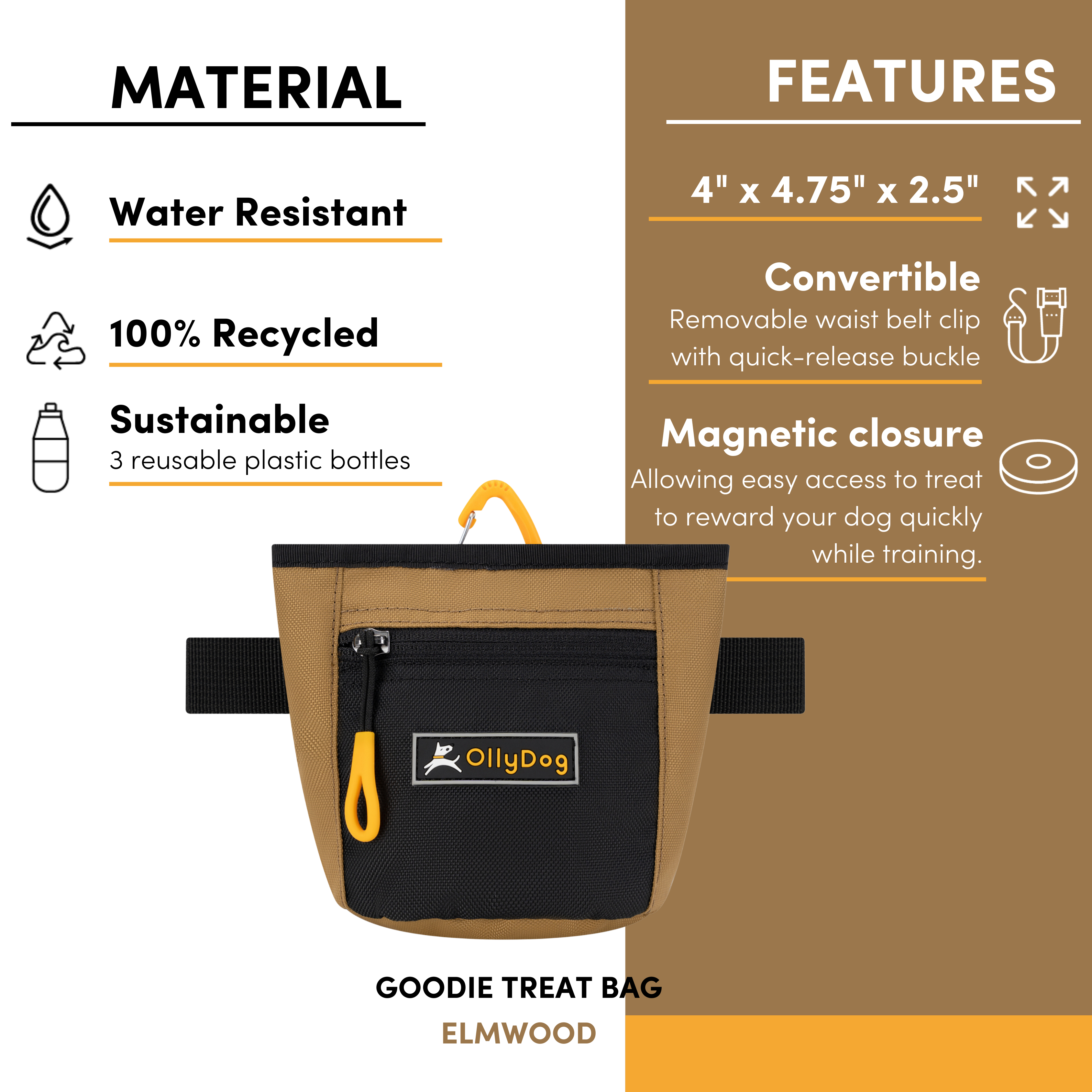 An image with text that points out the following features of the Goodie Treat Bag: water-resistant material, 100% recycled material, sustainably-made with three repurposed plastic bottles, dimensions of 4” x 4.75” x 2.5”, convertible design includes waist belt clip with a quick-release buckle, magnetic closure allowing easy access to treats to reward your dog quickly while training. #color_elmwood