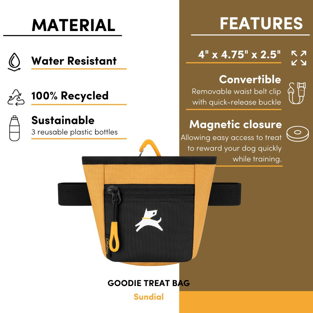 Image showcasing the features of the yellow OllyDog Goodie Treat Bag, including its water-resistant and recycled material, dimensions (4" x 4.75" x 2.5"), convertible design with a removable waist belt clip, and magnetic closure for easy access #color_sundial