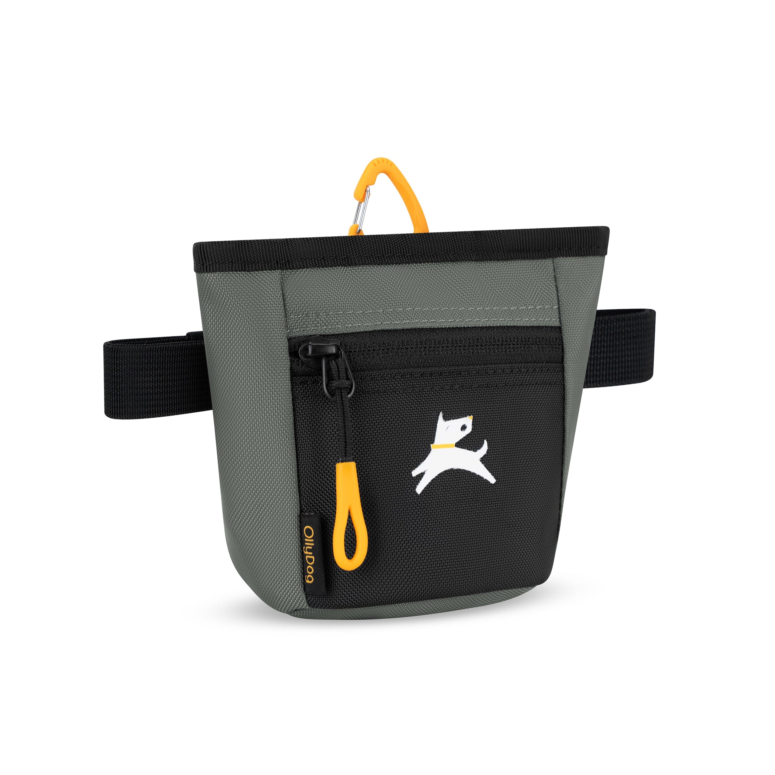 Gray OllyDog Goodie Treat Bag with a black front pocket, yellow clip, and black belt loops #color_juniper