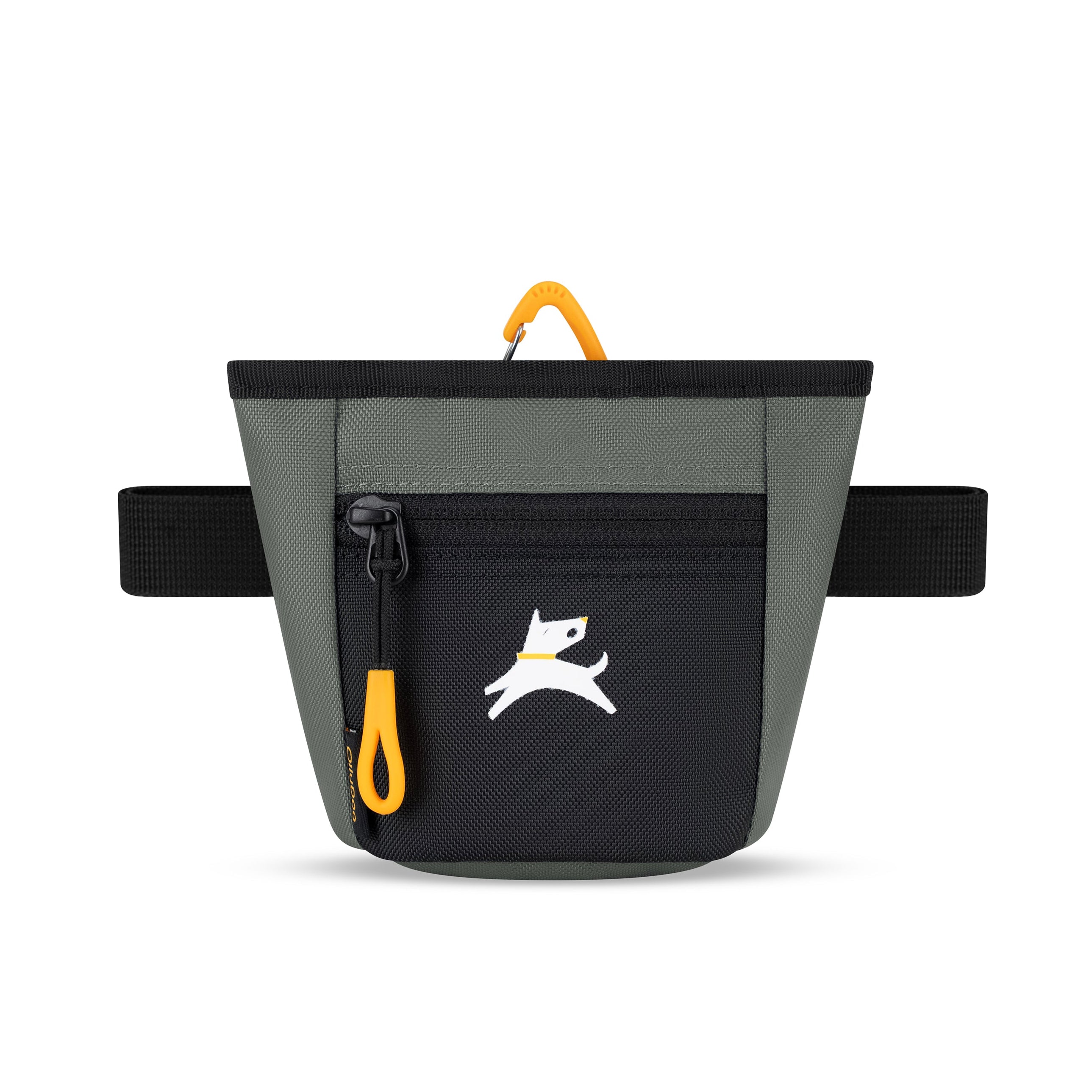 Gray OllyDog Goodie Treat Bag with a black front pocket, yellow clip, black belt loops, and a small blue circular detail on the side #color_juniper